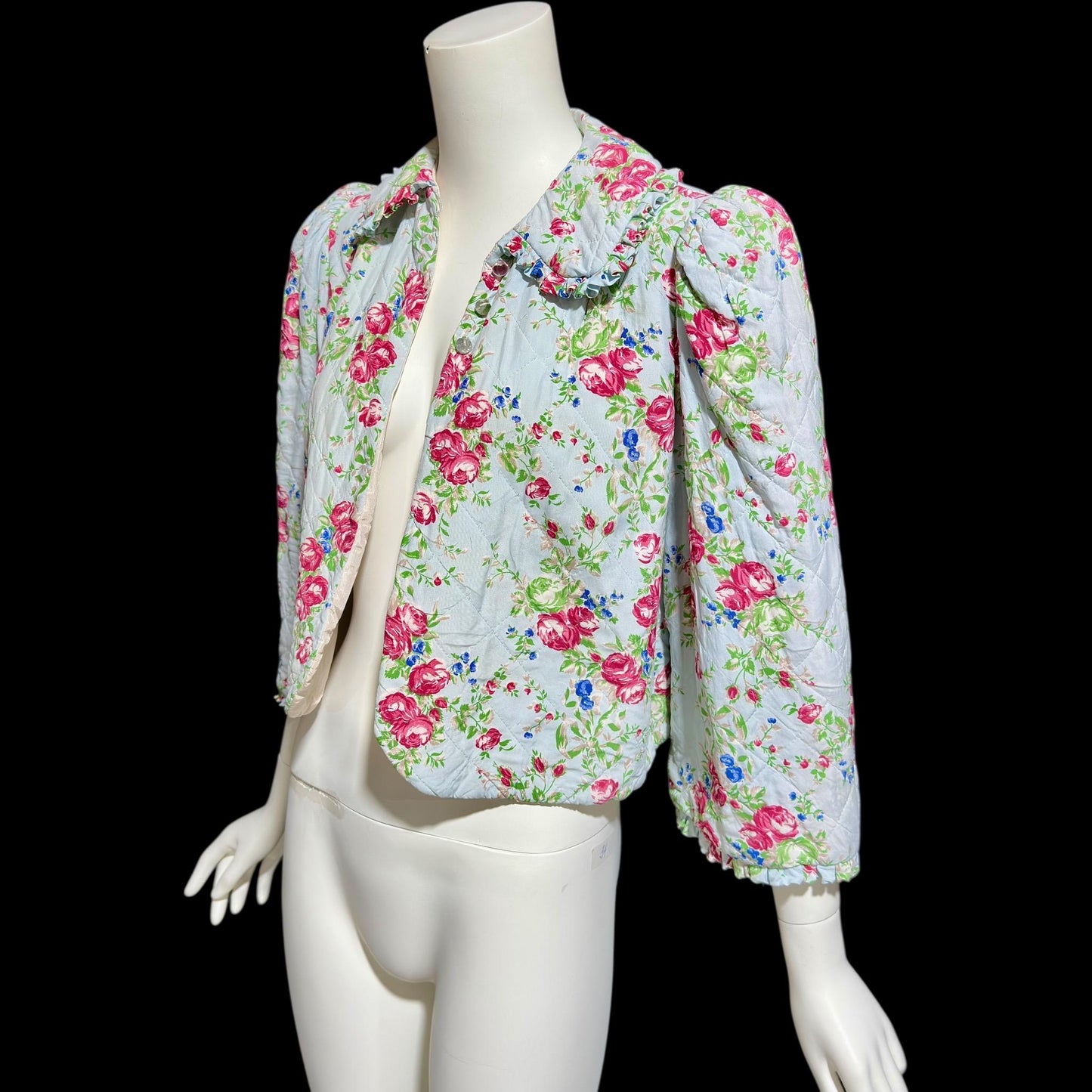 1930s vintage quilted bed jacket, blue satin with rose print short night robe