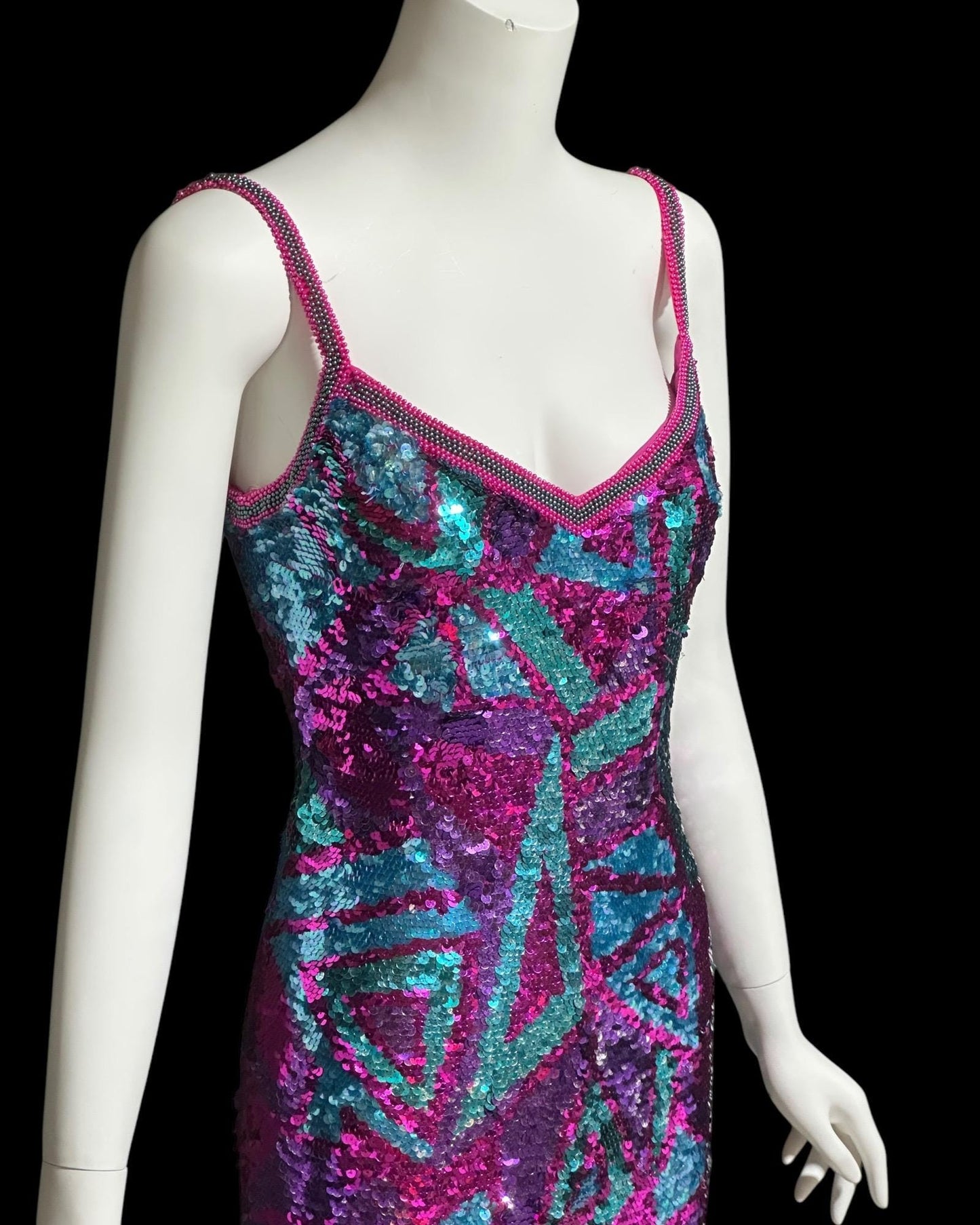 ALYCE vintage 1990s slip dress, sequin cocktail mini dress, Hot Pink jewel tone sequin