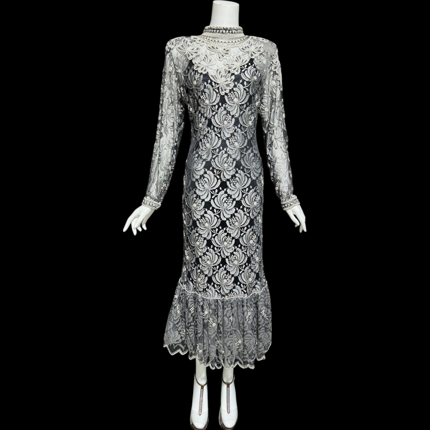 JUDITH ANN, Vintage 1980s sheer beaded dress, Black sheer mesh with beads, Hight neck with ruffle sheath cocktail party dress