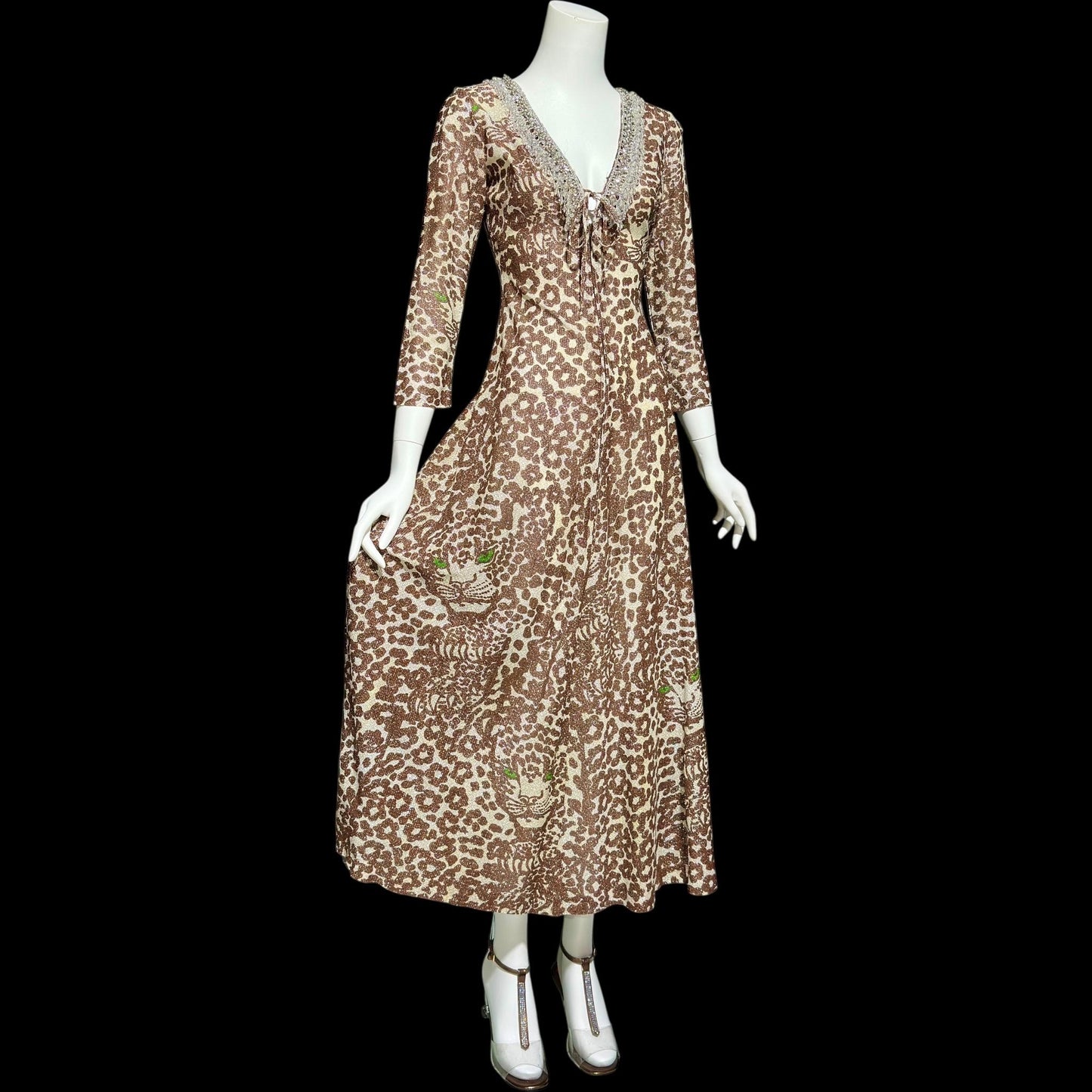TAMMY vintage 1970s lurex maxi dress, slinky leopard animal print metallic knit party dress