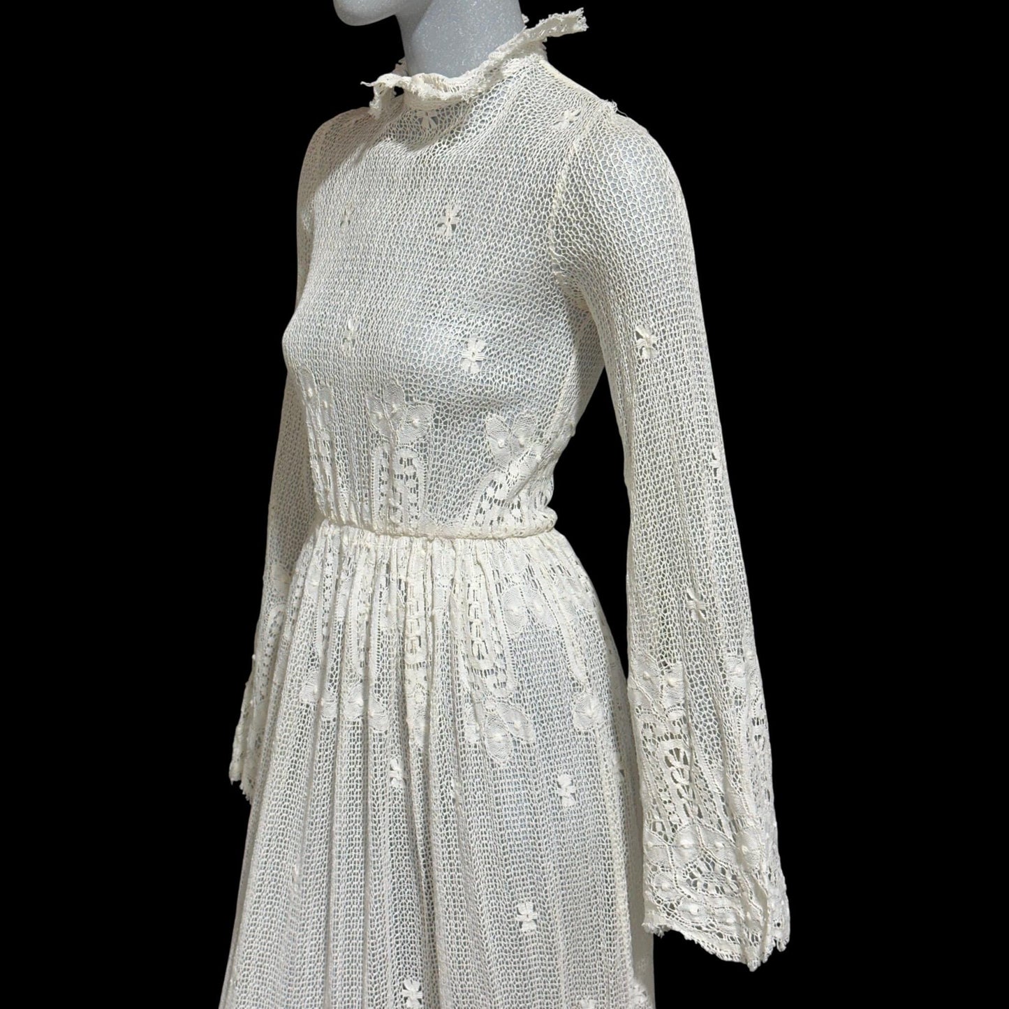 1970s vintage crochet maxi dress, white cotton open knit bridal wedding dress, Victorian style gown