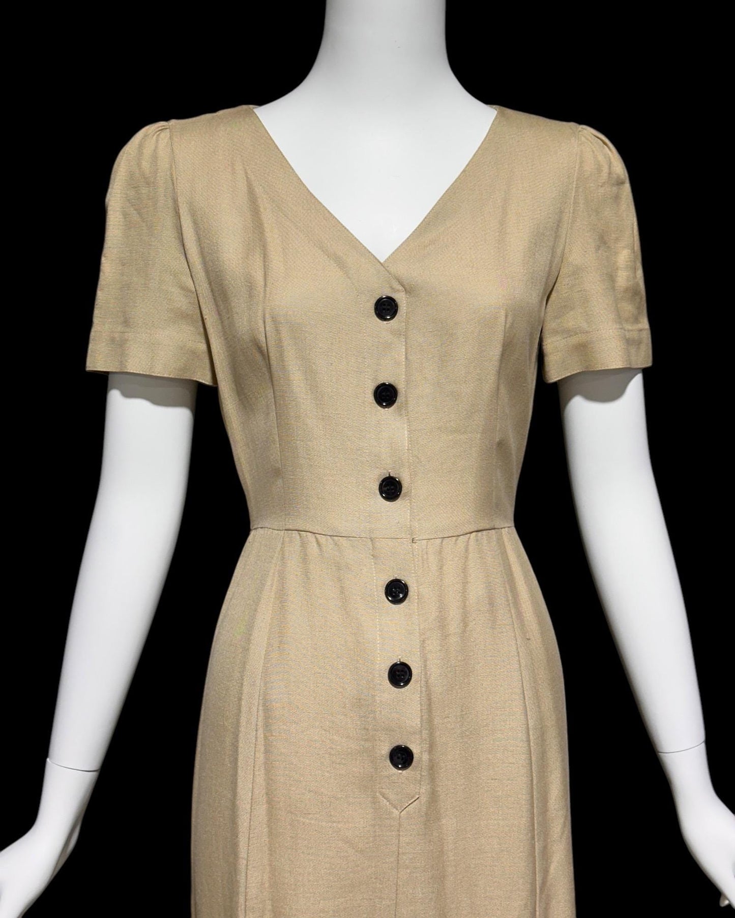 ADELE SIMPSON, vintage 1980s day dress, 80s does 40s latte tan linen dress, button front wear to work luncheon dress