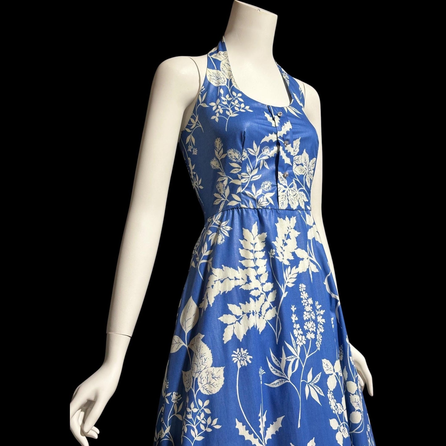 1960s vintage floral maxi dress, Blue white boho hippie halter full ruffle dress, polished cotton summer party sundress