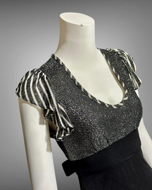 YOUNG INNOCENT by ARPEJA, 1970s vintage black jersey knit & lurex long dress