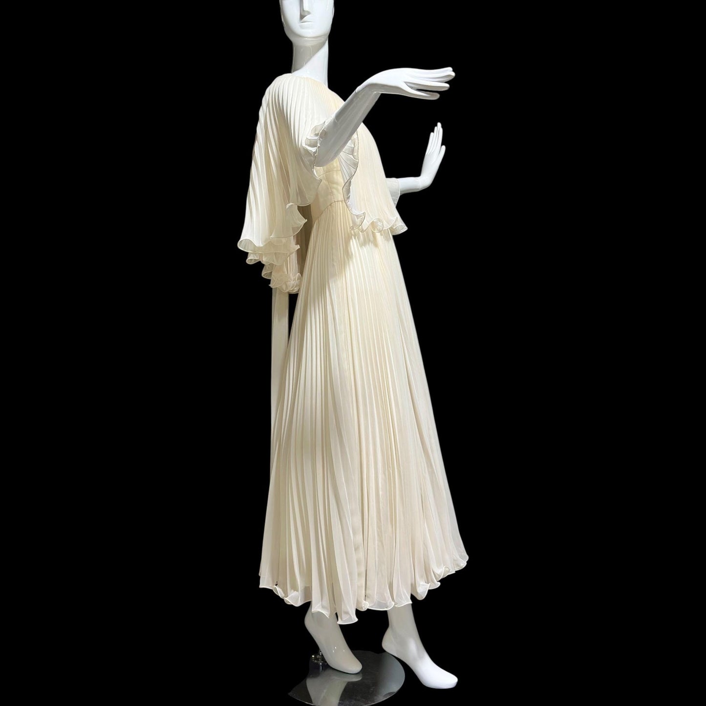 1960s vintage evening dress gown, almond white lace pleated dress, ruffled cape collar
