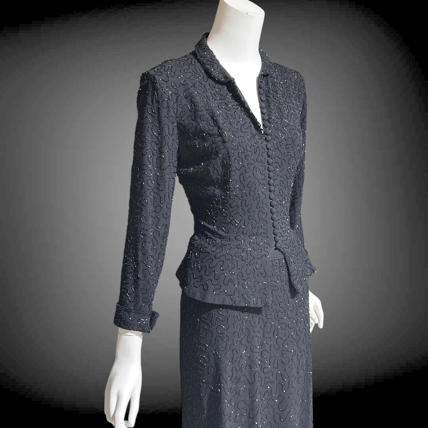 CEIL CHAPMAN vintage 1940s Beaded Evening Suit, Black crepe Cocktail Skirt and Jacket set