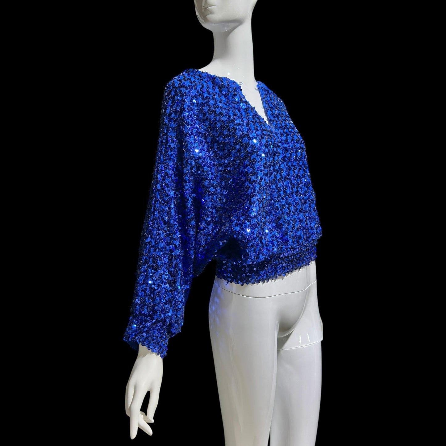 MISTER JAY vintage 1970s sequin disco sweater, Royal blue knit batwing evening cropped top, stretchy