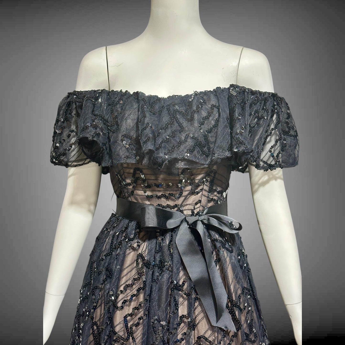 1970s vintage evening dress gown, black lace and sequin ruffled off the shoulder formal dress