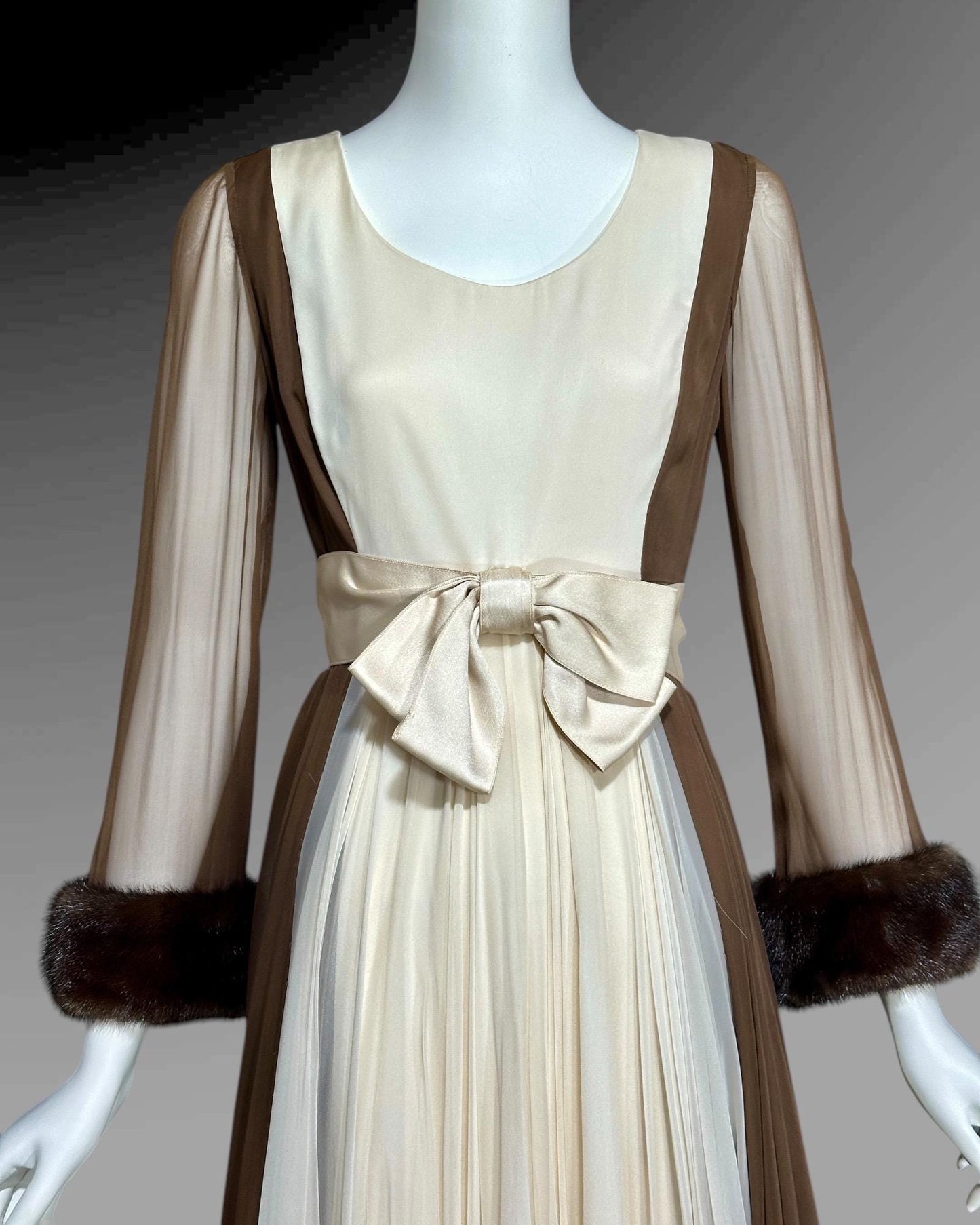 JEAN-LOUIS for I. Magnin, vintage 1950s evening gown, Brown Cream Chiffon cocktail party evening dress