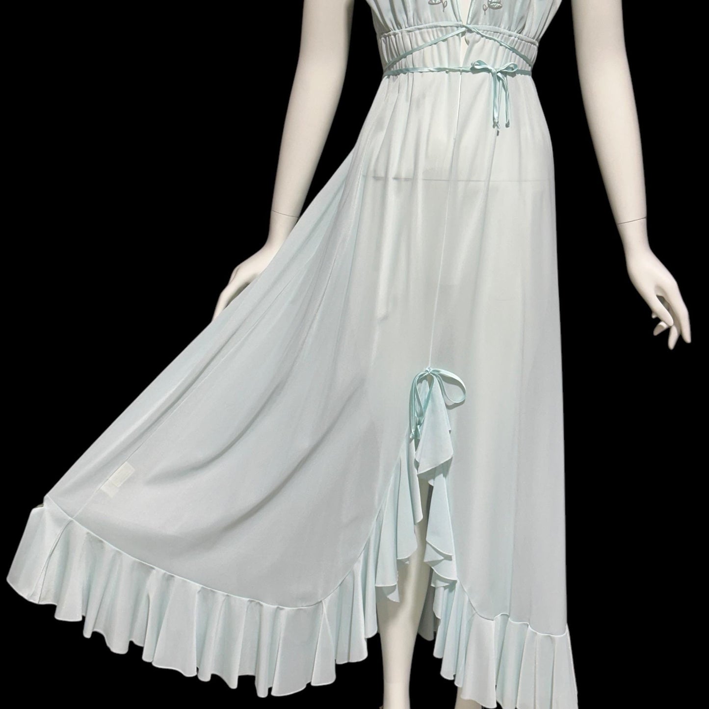 LUCIE ANN BEVERLY Hills, Claire Sandra vintage 1960s nightgown, powder blue jersey knit ruffled hem gown