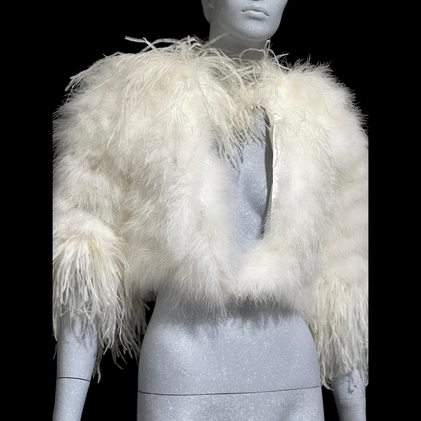 1980s Vintage marabou feather jacket, Snowy white marabou with ostrich feathers cropped wedding evening jacket