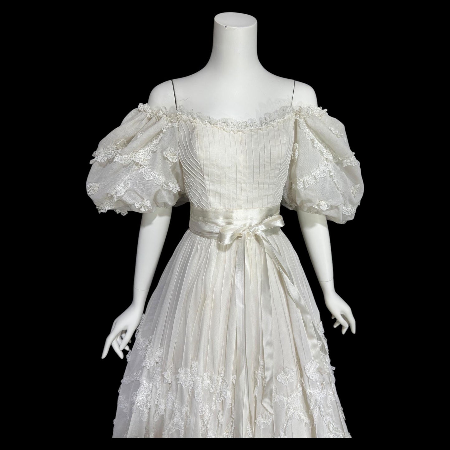1970s Mexican Wedding dress, White cotton tiered lace ball gown, off shoulder huge Sleeves Bohemian gown