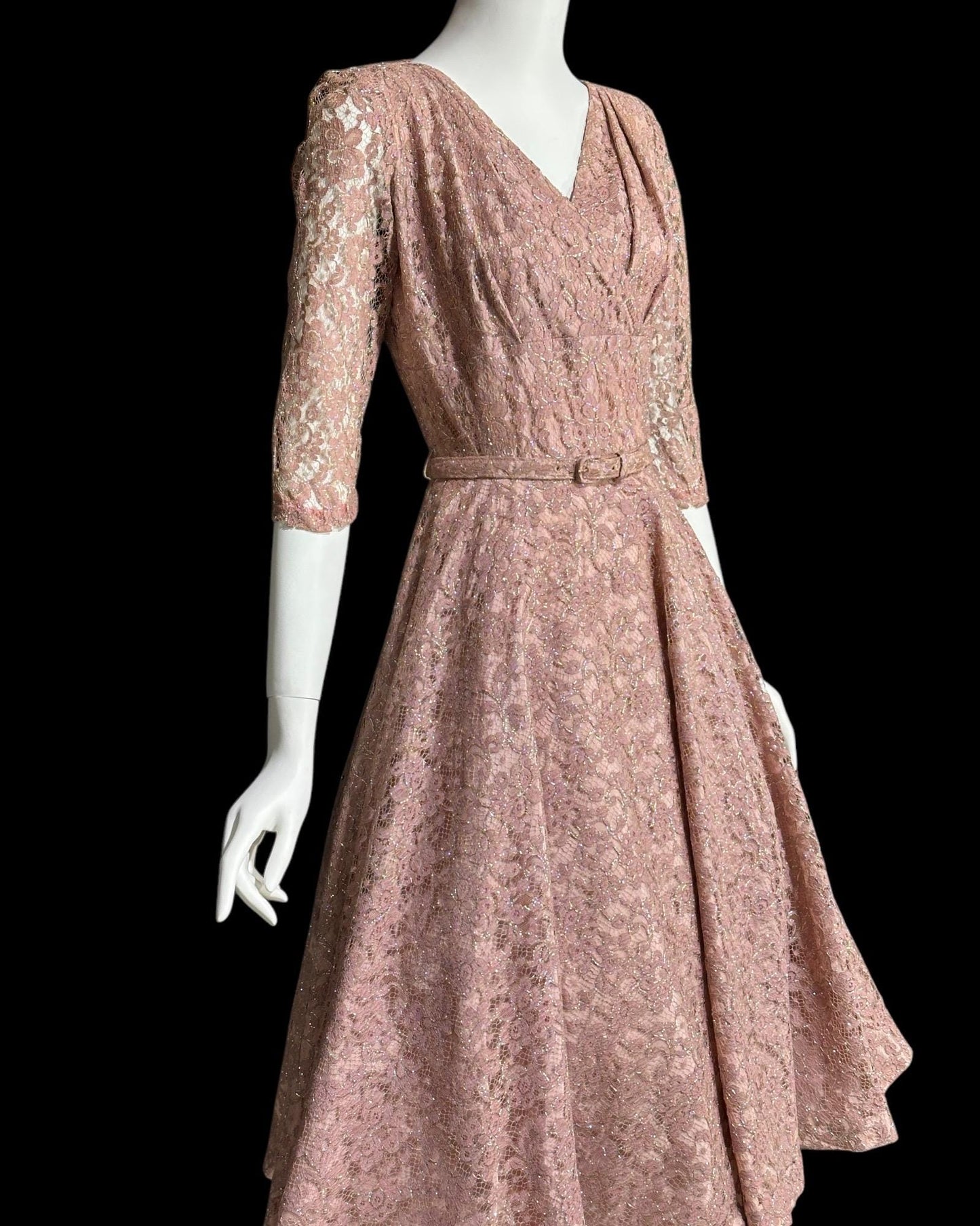 ANN KAUFFMAN, vintage 1940s dress, Old Rose Pink lace w/ silver metallic, shelf bust fit and flare cocktail party evening dress