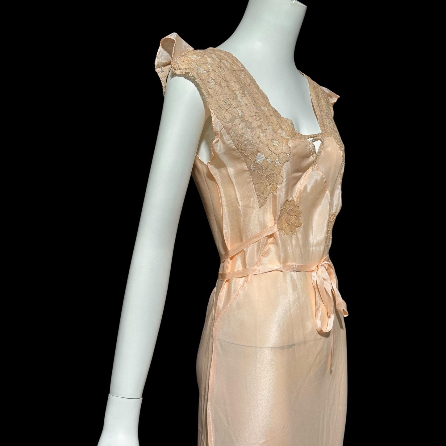 1930s Rayon Slip Dress: Vintage Bias Cut Shiny Peach Nightgown, Lace Trim