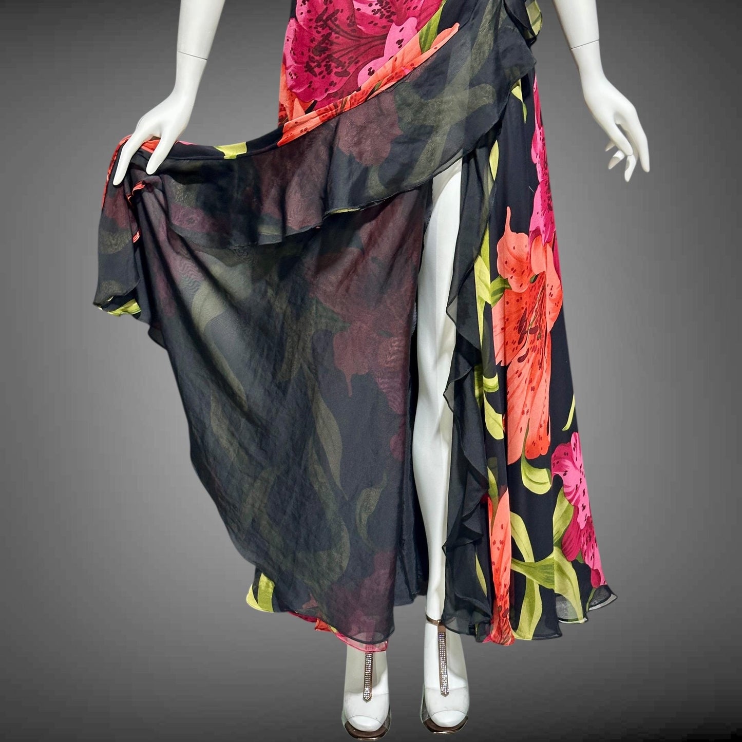 ROSE TAFT vintage 1990s evening dress gown, all silk pink and orange tiger lily floral chiffon halter gown
