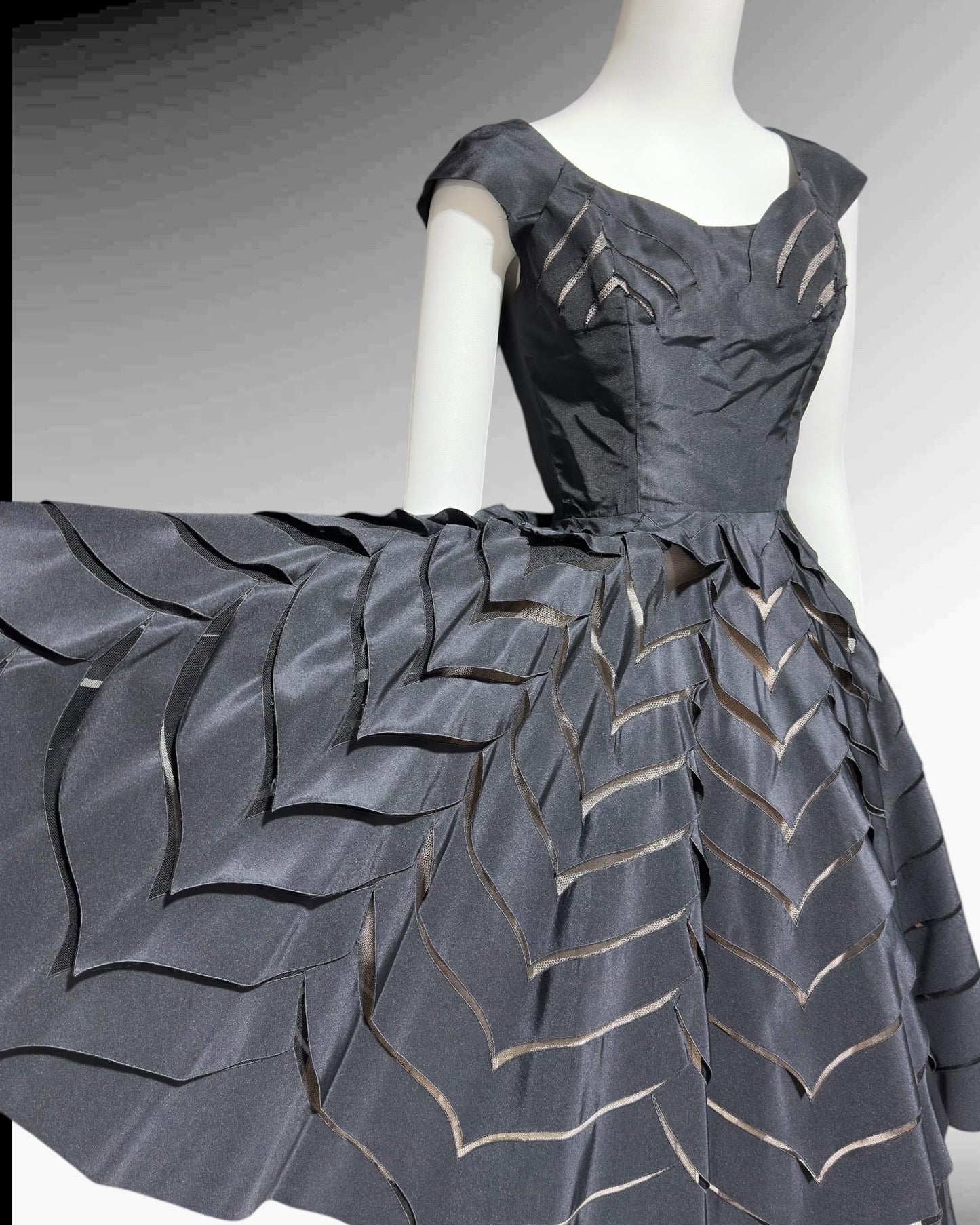 OLDRIC ROYCE, vintage 1950s dress, black cutout fit and flare cocktail party evening dress