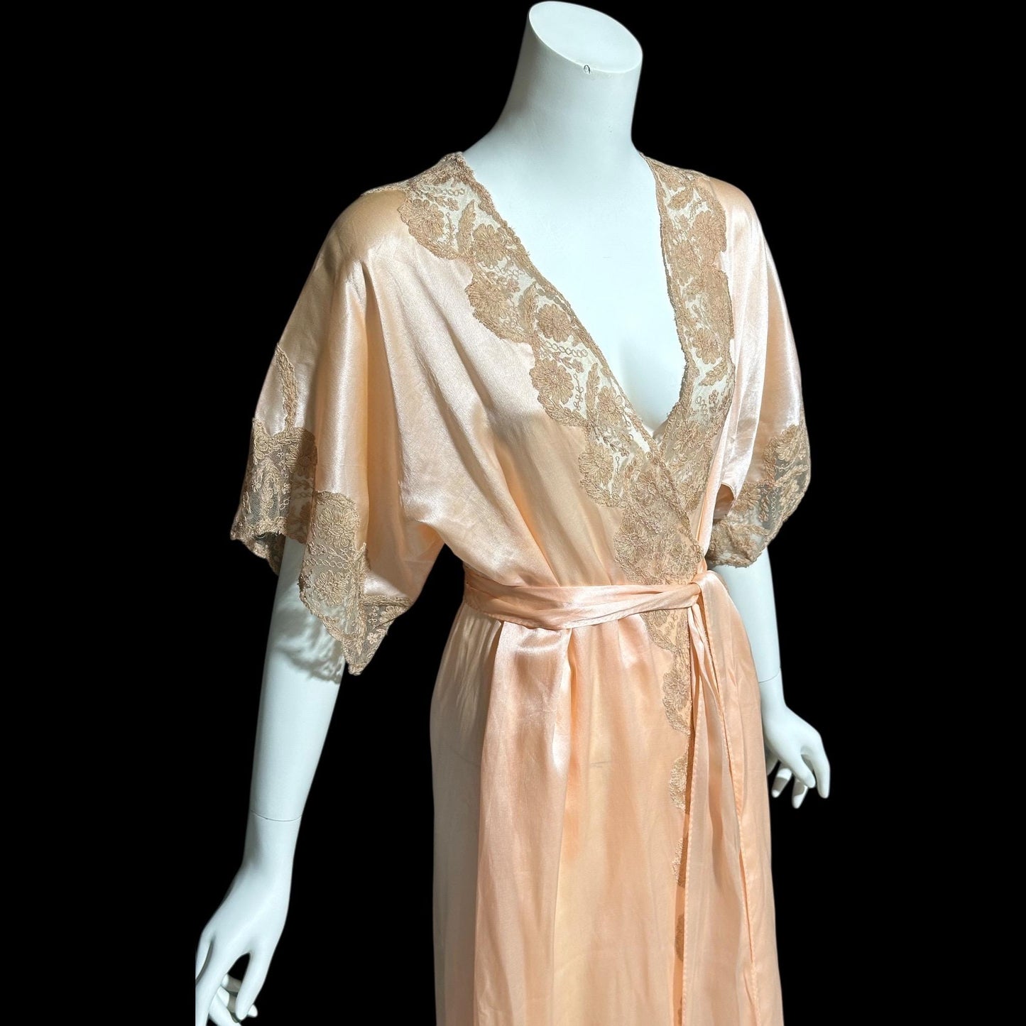 1930s vintage dressing gown robe, Shimmering Peach silk with amazing lace, wrap front house coat