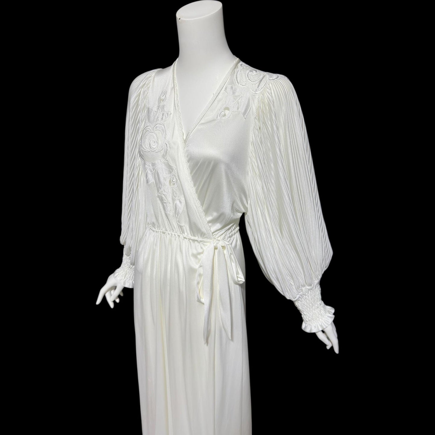 1980s vintage dressing gown robe, Slinky white jersey polyamide wrap front housecoat