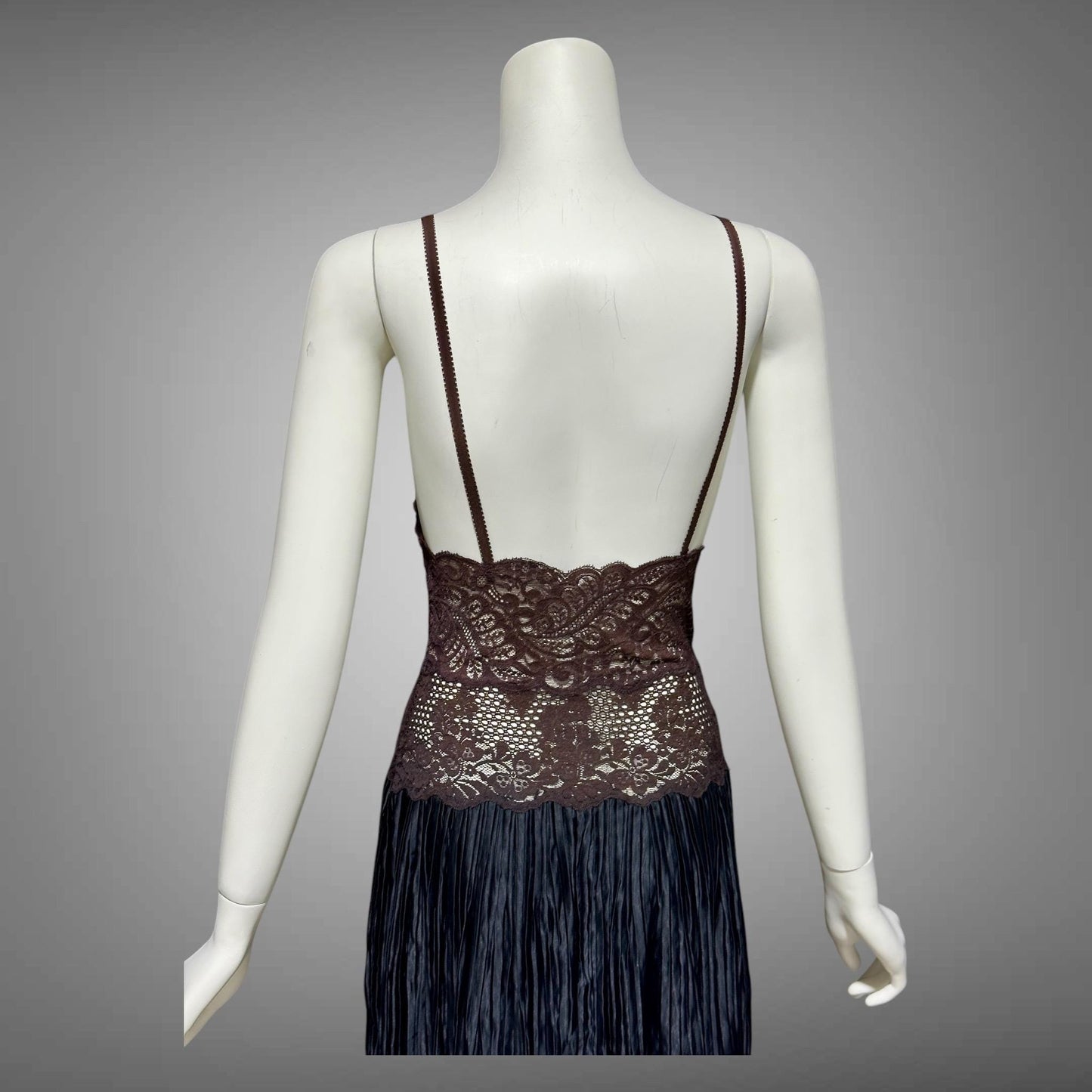 FERNANDO SANCHEZ, vintage 1970s Nightgown, Black and Chocolate lace plisse gown