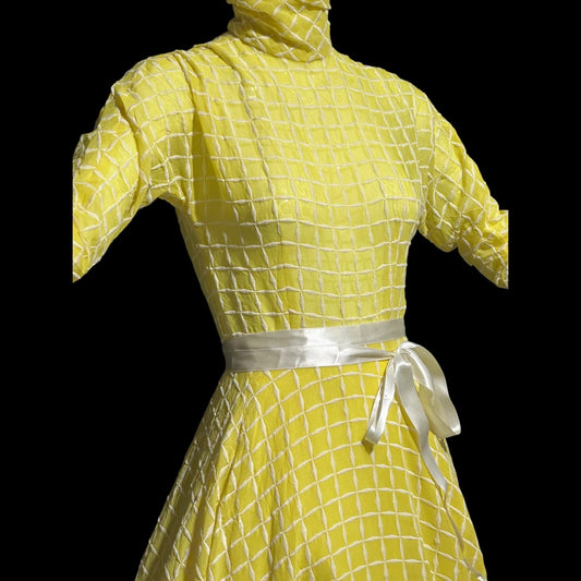 LILLIE RUBIN vintage 1970s evening dress gown, lemon yellow windowpane plaid ball gown
