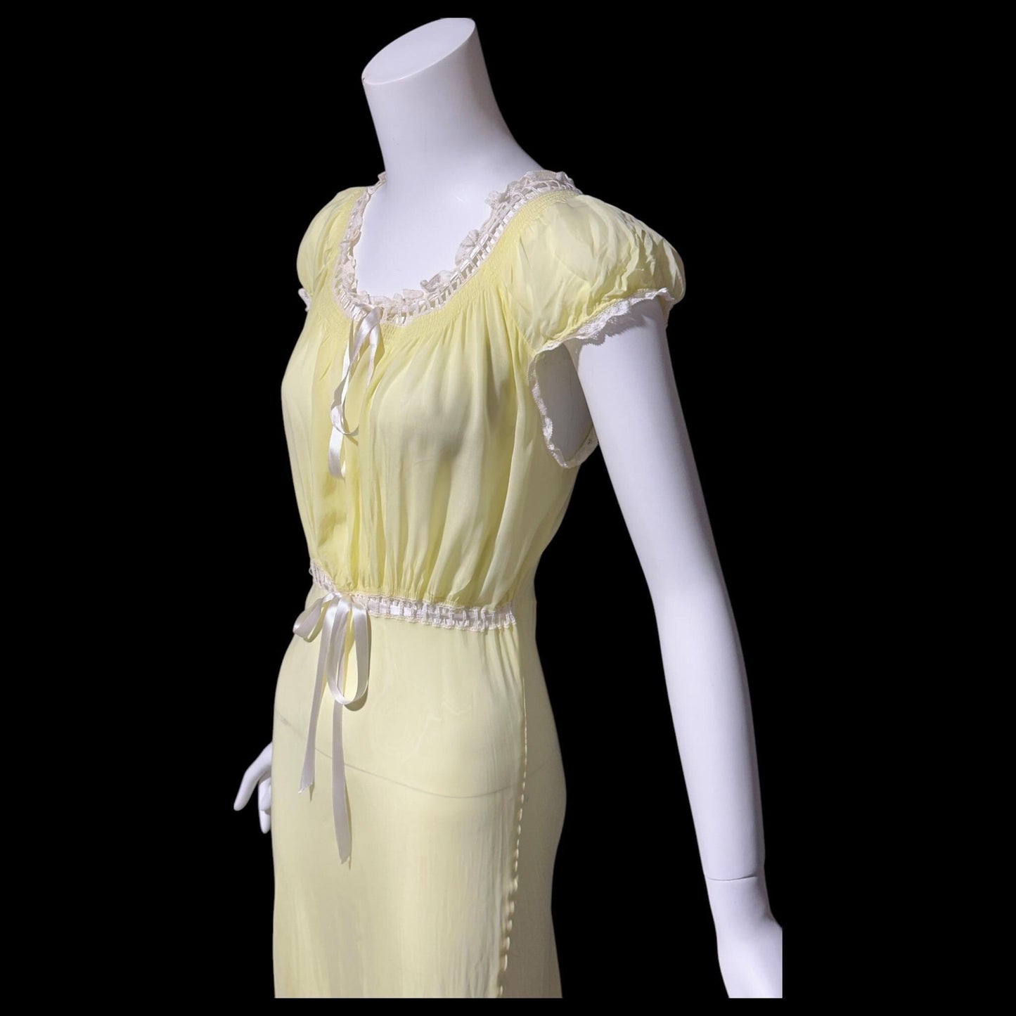 VELMA, vintage 1940s nightgown, butter yellow bias cut rayon slip dress, full length ruffle bottom, cap sleeves
