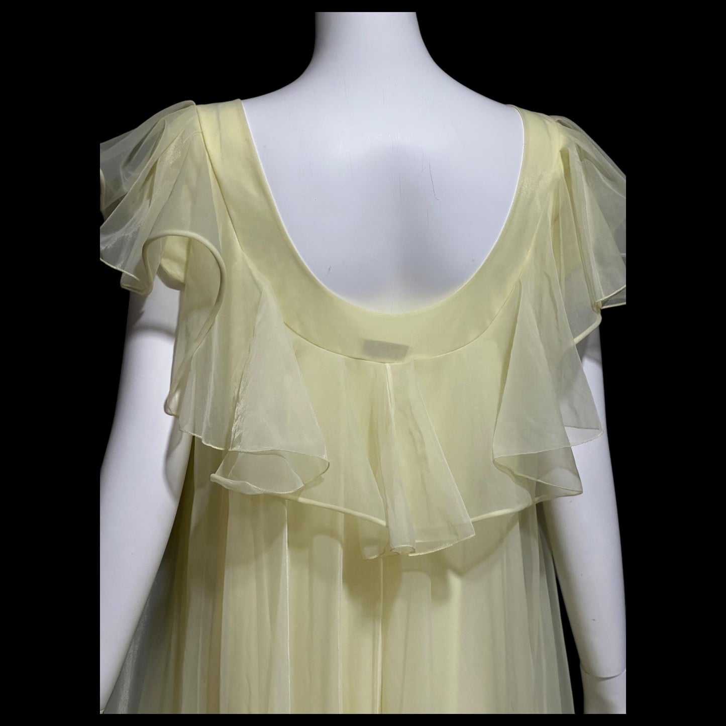 LUCIE ANN Claire Sandra, 1960s Marshall Field daffodil yellow full sweep ruffled nightgown, grecian wrap slip dress