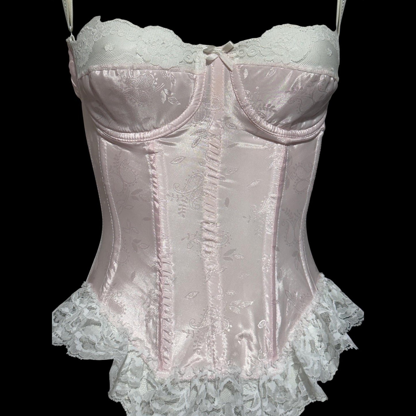 SABRINA, Vintage 1970s pink satin bustier, pink embossed satin with white lace