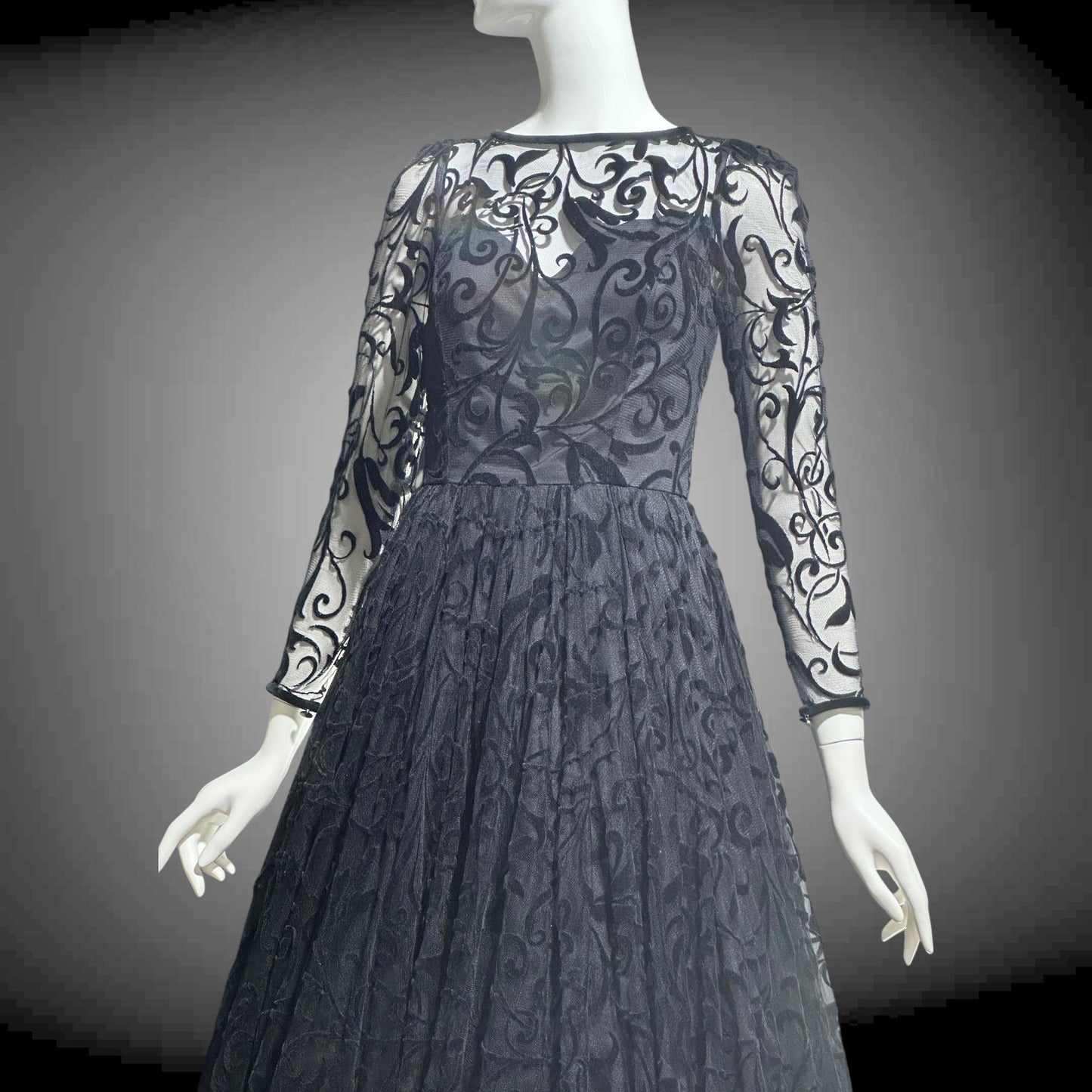 CAROLINE CHARLES, vintage 1980s evening dress ball gown, Made in England, Neiman Marcus Black formal dress
