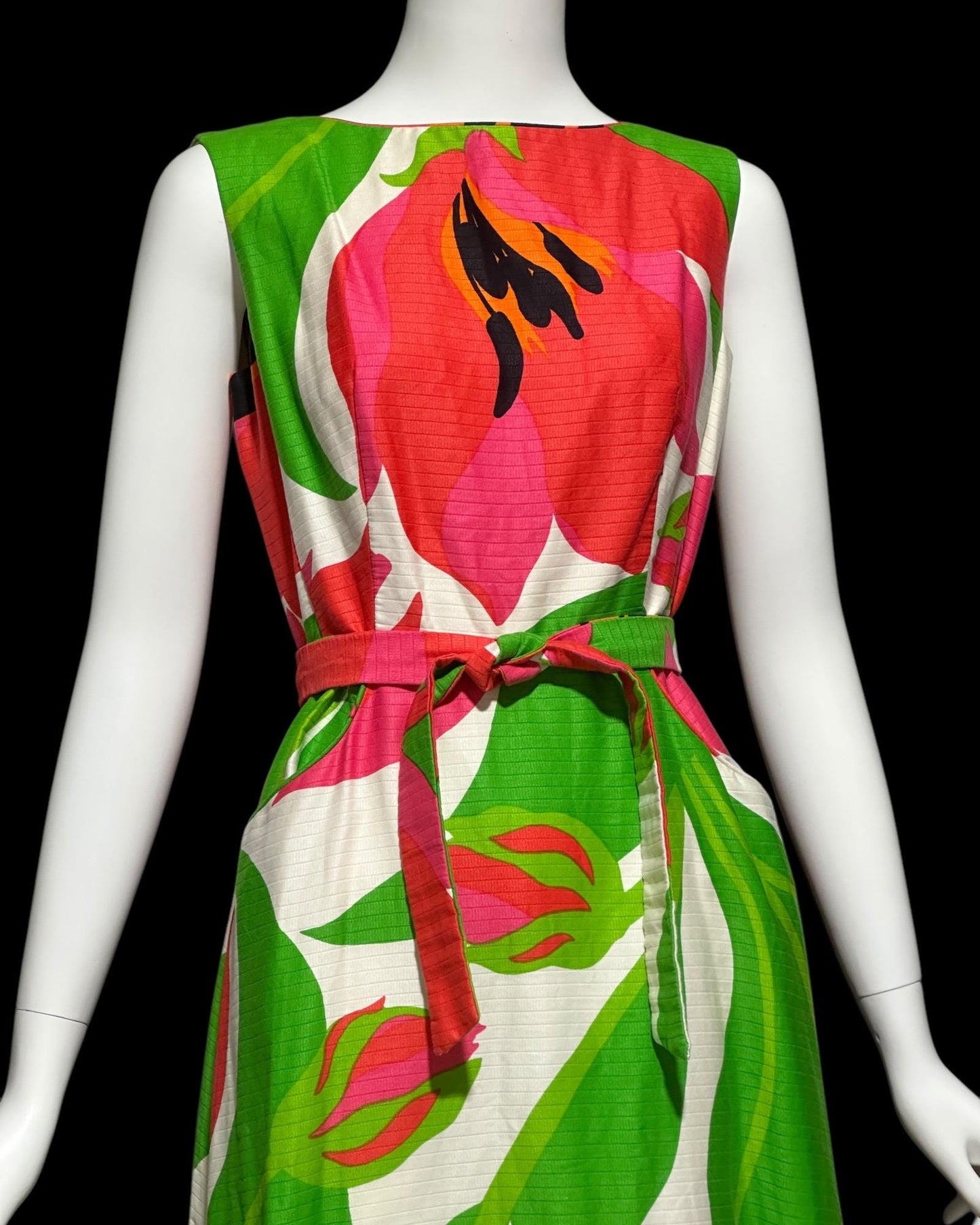 MALIA HONOLULU, vintage 1960s dress, Hawaiian wrap cotton maxi sundress, Hot Pink Green Summer Beach Party dress