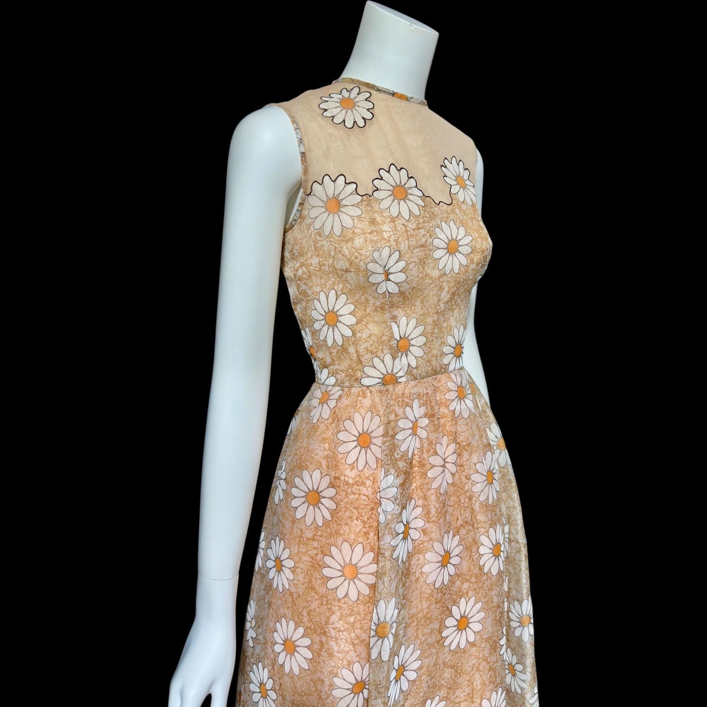 LILLI DIAMOND vintage 1960s evening dress gown, Daisy floral voile maxi dress, illusion neckline