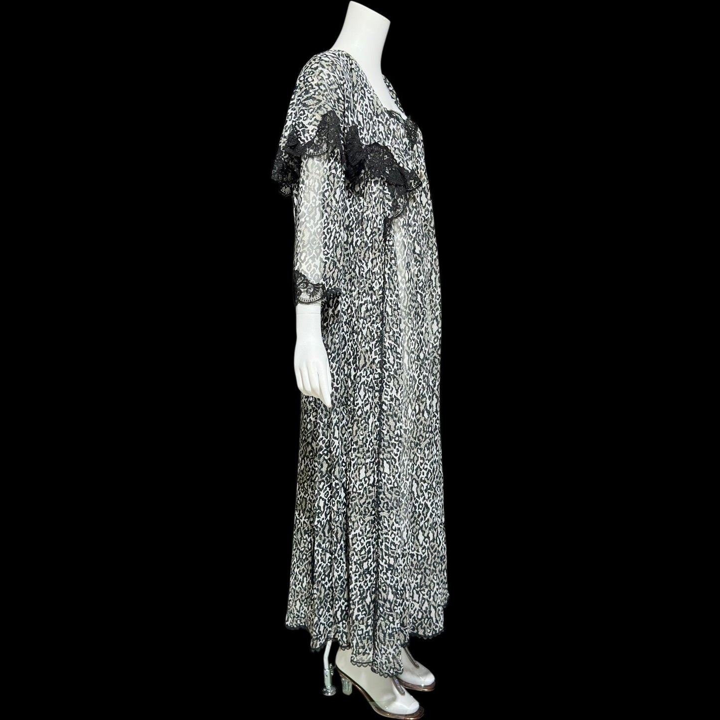 LUCIE ANN vintage 1970s nightgown robe peignoir set, black and white sheer animal print negligee slip dress set