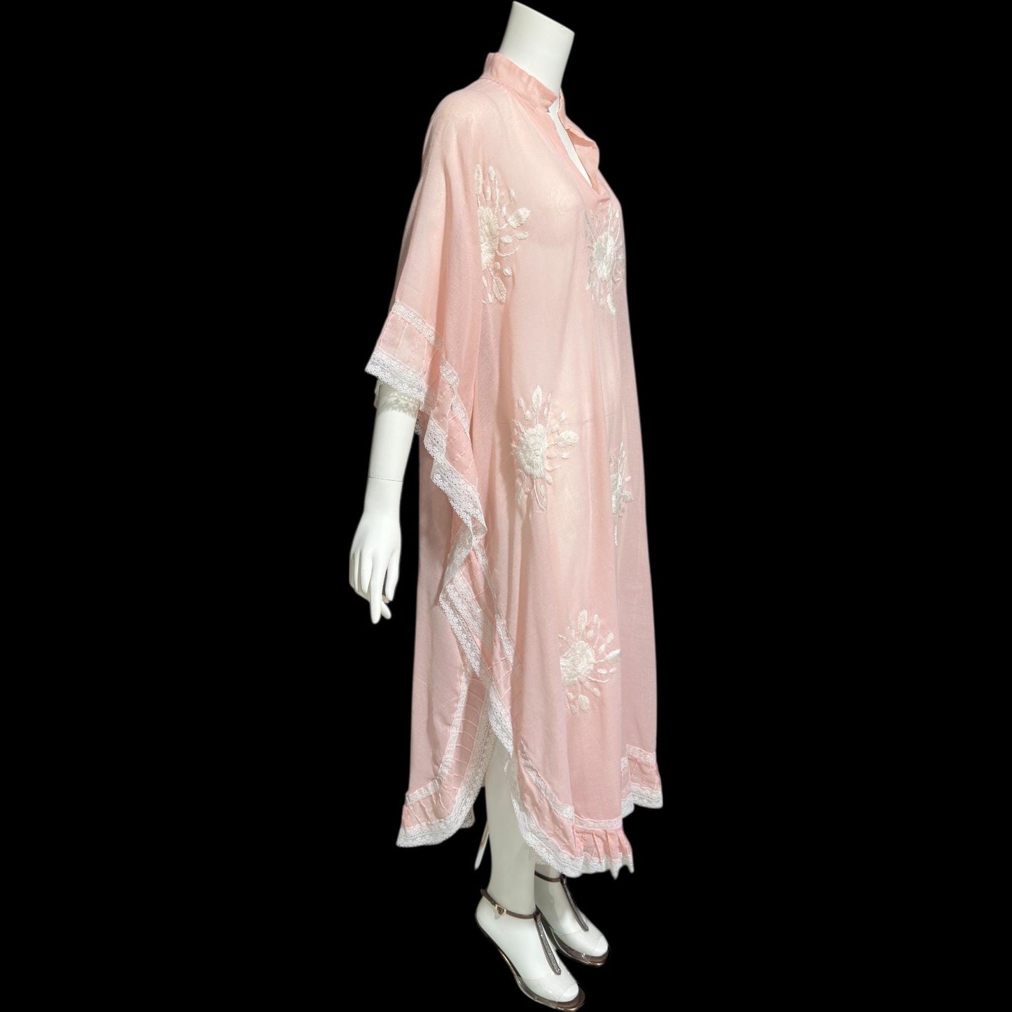 1970s Vintage sheer caftan dress, baby pink cotton poly blend with white embroidered flowers
