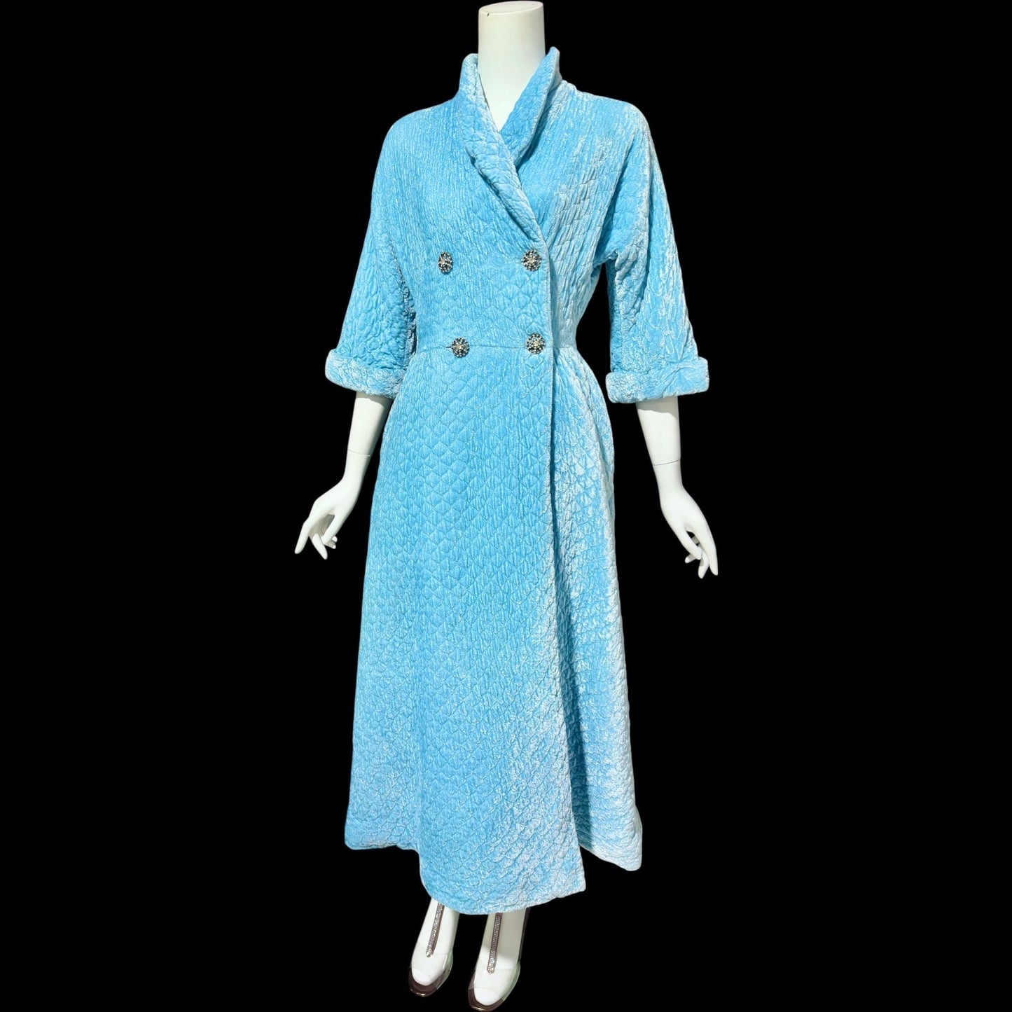B COHEN ORIGINAL, vintage 1940s dressing gown robe, quilted robin's egg blue double breasted wrap front housecoat