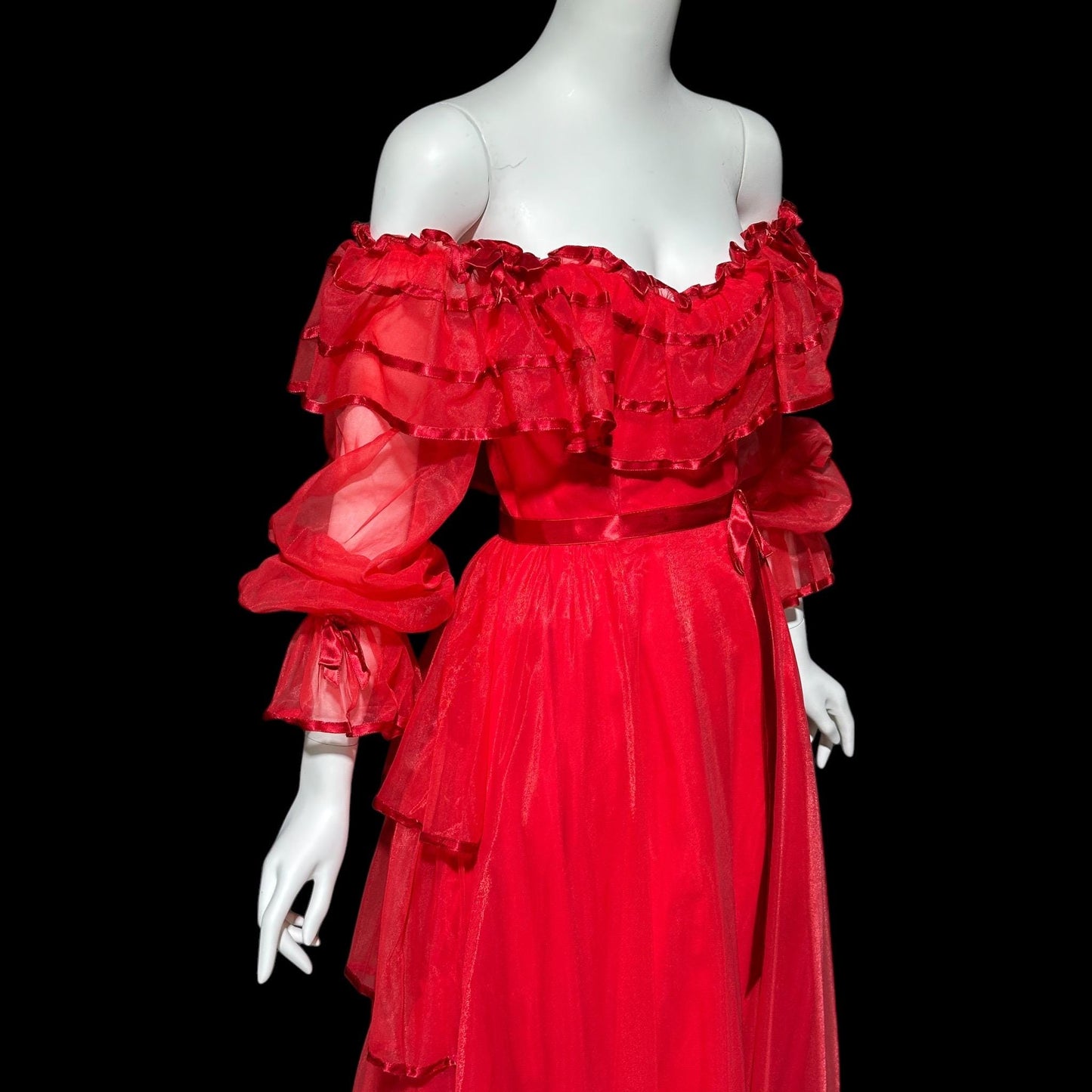 DANCE ALLURE, vintage 1980s evening dress, RED off-the-shoulder prom gown, ruffled tiered skirt