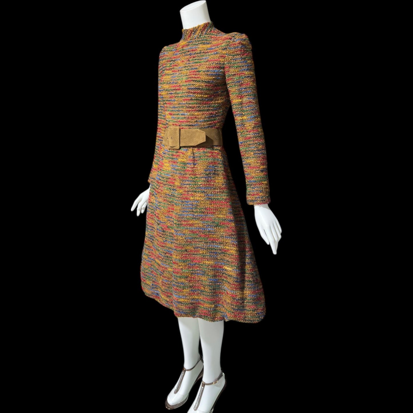 ARNOLD SCAASI vintage 1970s Day Dress, boucle wool & silk high neck dress
