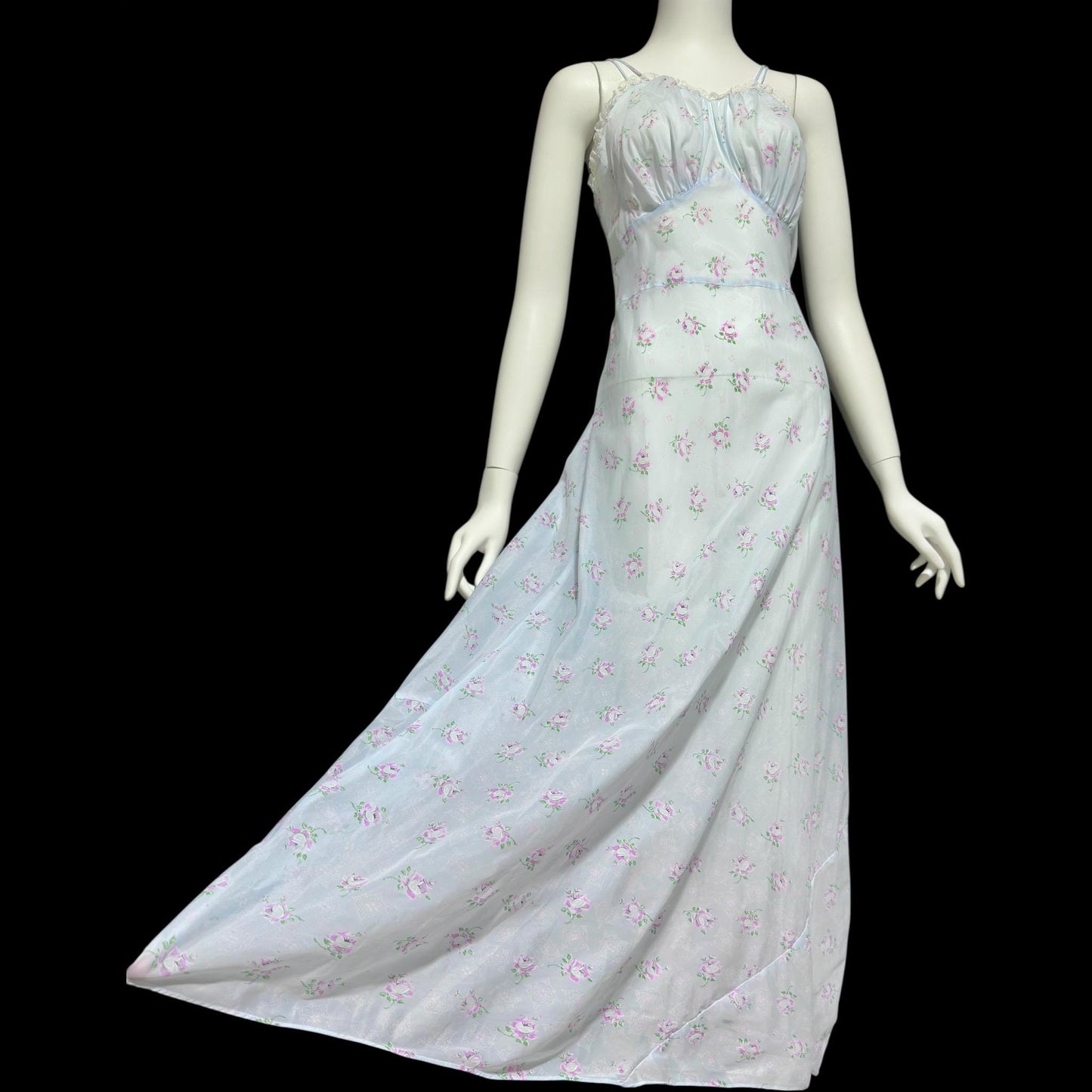 ALBERTA vintage 1940s nightgown slip dress, Sheer dusty blue with with pink rosebuds, Old Hollywood full length gown
