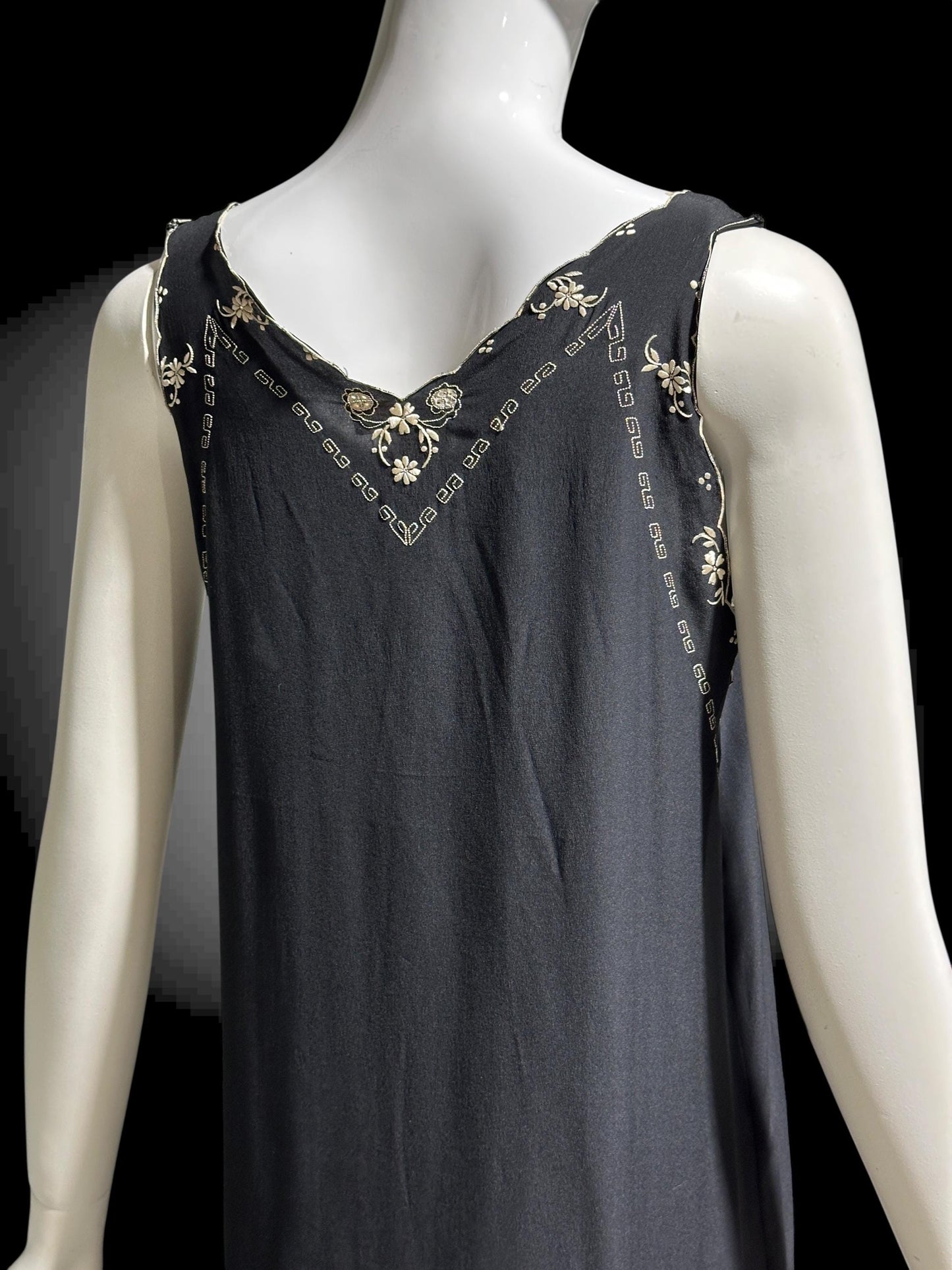 PEONY, vintage 1950s Silk Nightgown slip dress, black and white shift cut hand embroidered long gown