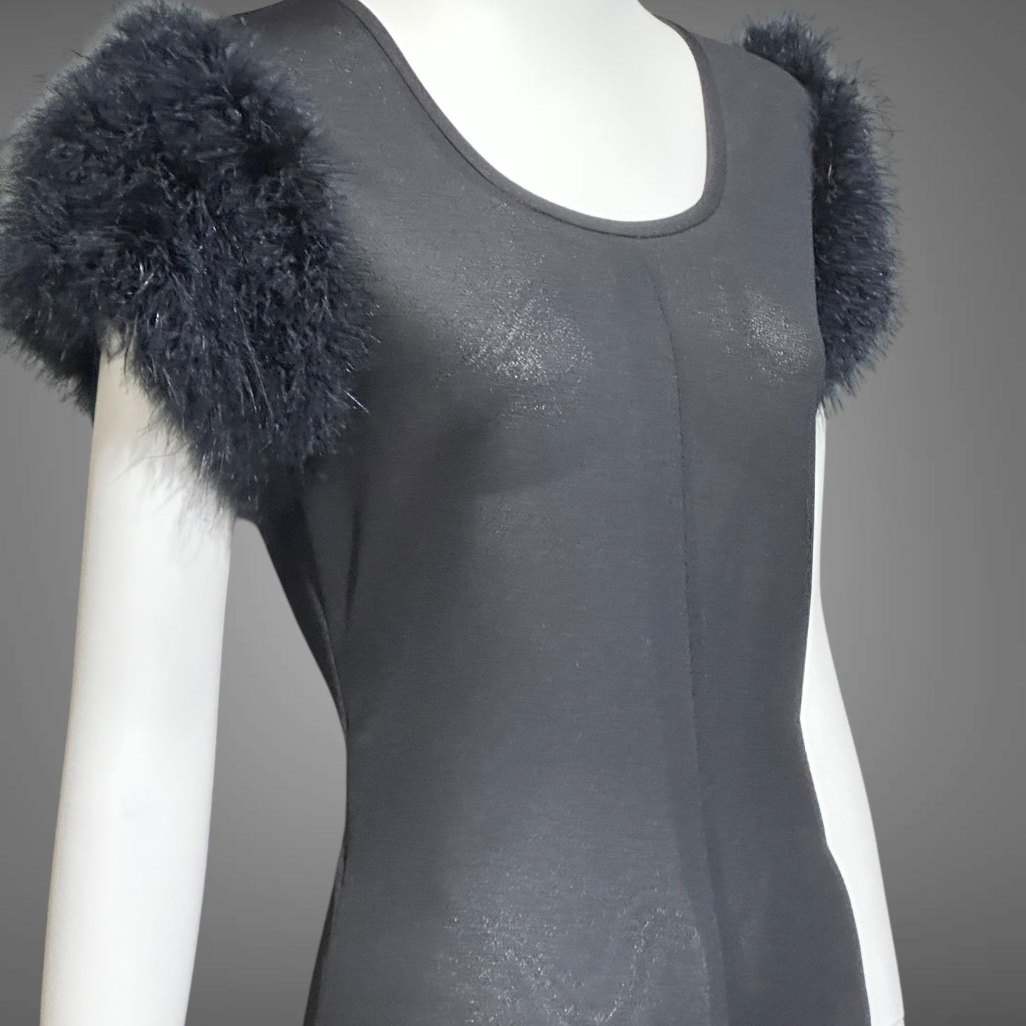 FIFTH AVENUE ROBES, vintage 1950s nightgown, black sheath evening gown with marabou sleeves, totally sheer house dress