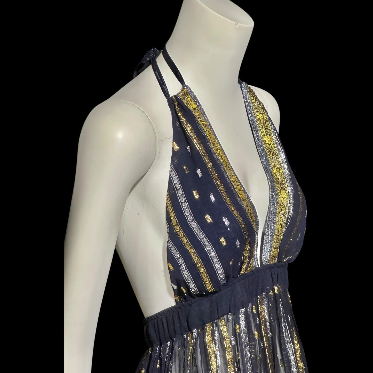 1970s Vintage Disco Diva evening party dress, sheer nylon and metallic halter gown, studio 54 disco