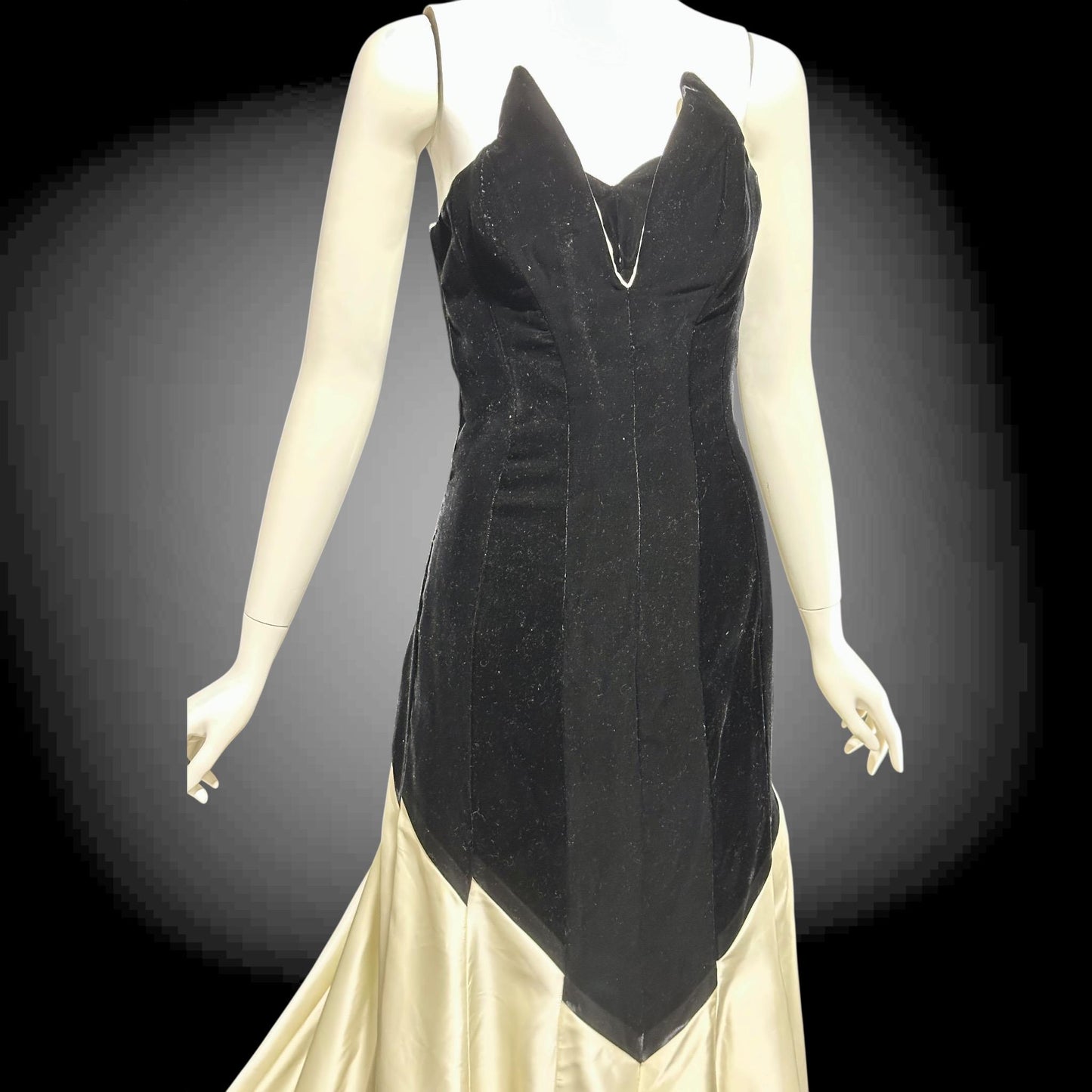 VICTOR COSTA vintage 1970s evening dress gown, Neiman Marcus, black velvet & white satin strapless mermaid gown