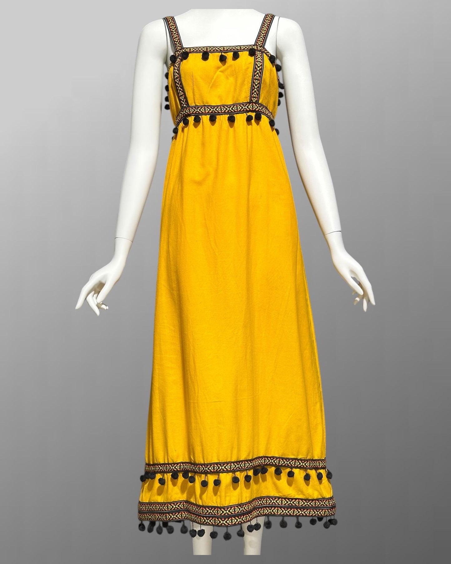 1970s vintage Mango Yellow Cotton Casual Sundress with Pom Poms