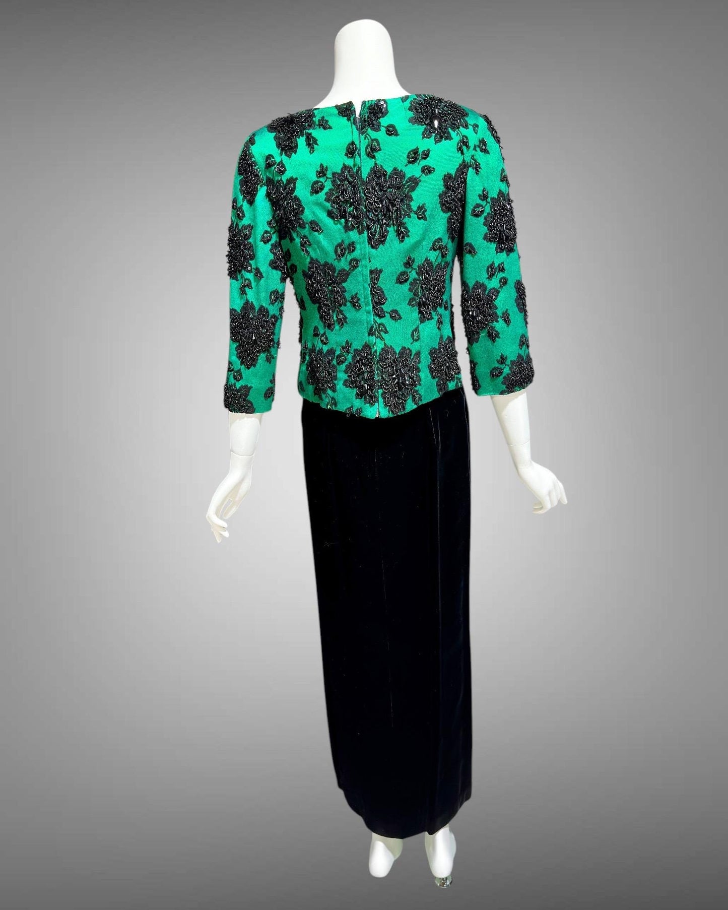 SAKS FIFTH AVE 1960s vintage evening dress, Beaded Black Velvet Green Satin 2 piece long dress