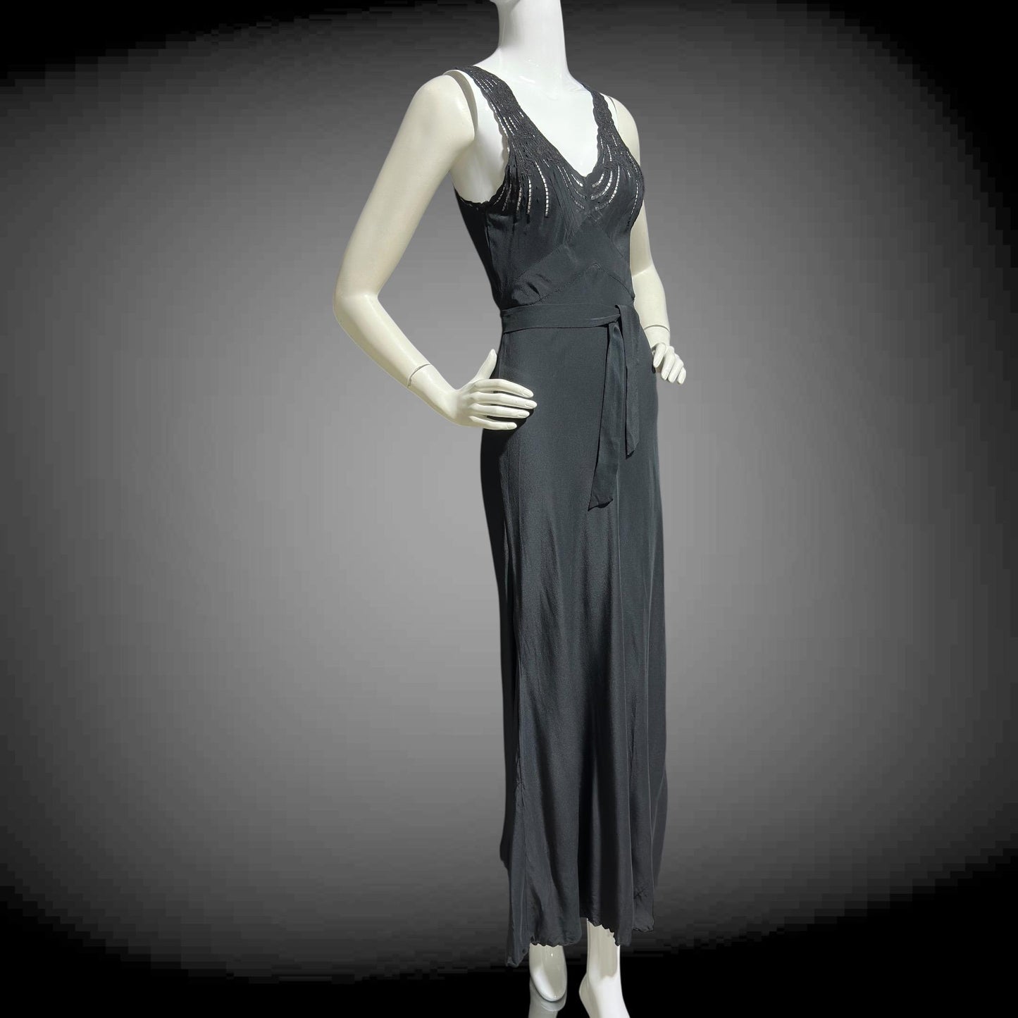 PEONY, vintage 1950s Silk Nightgown slip dress, inky black bias cut hand embroidered gown