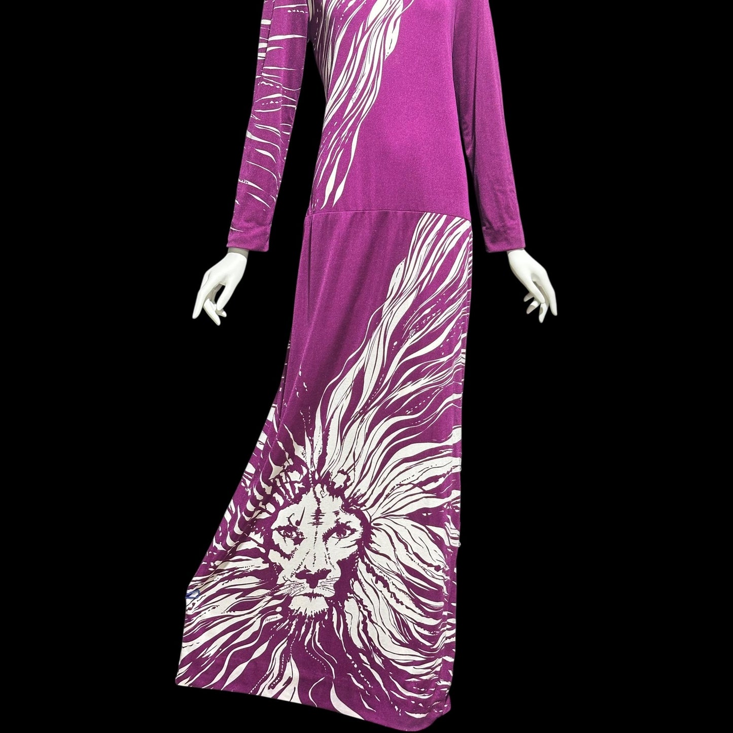 PAGANNE GENE BERK, vintage 1970s Maxi Dress, Purple white Lion face jersey knit evening dress, Stretchy, medium large