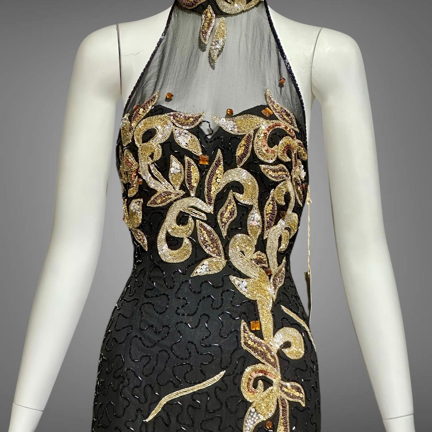 J REYNOLDS DESIGNS, vintage 1990s evening gown, Deadstock Black Beaded Halter Prom slip dress