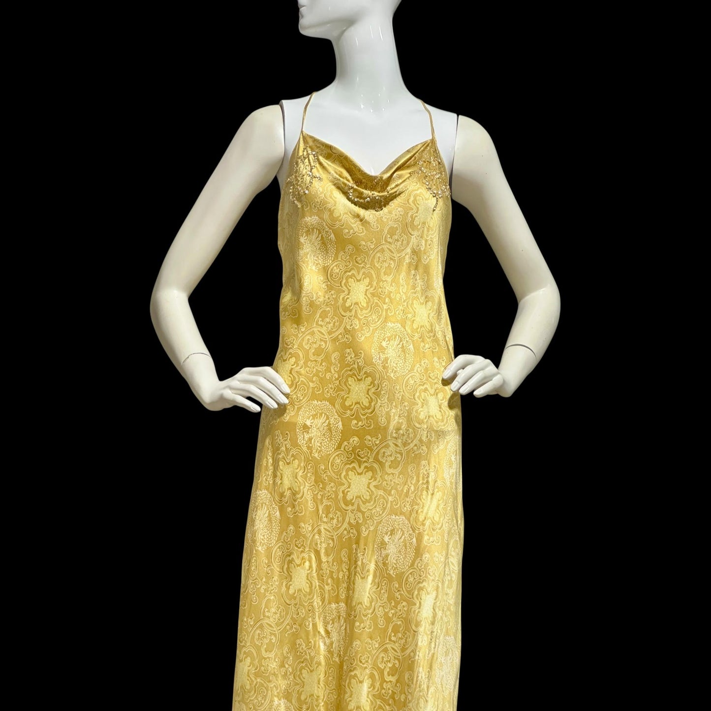 JOSIE NATORI, vintage Y2K nightgown slip dress, gold asian motif silk bias cut sequin sheath