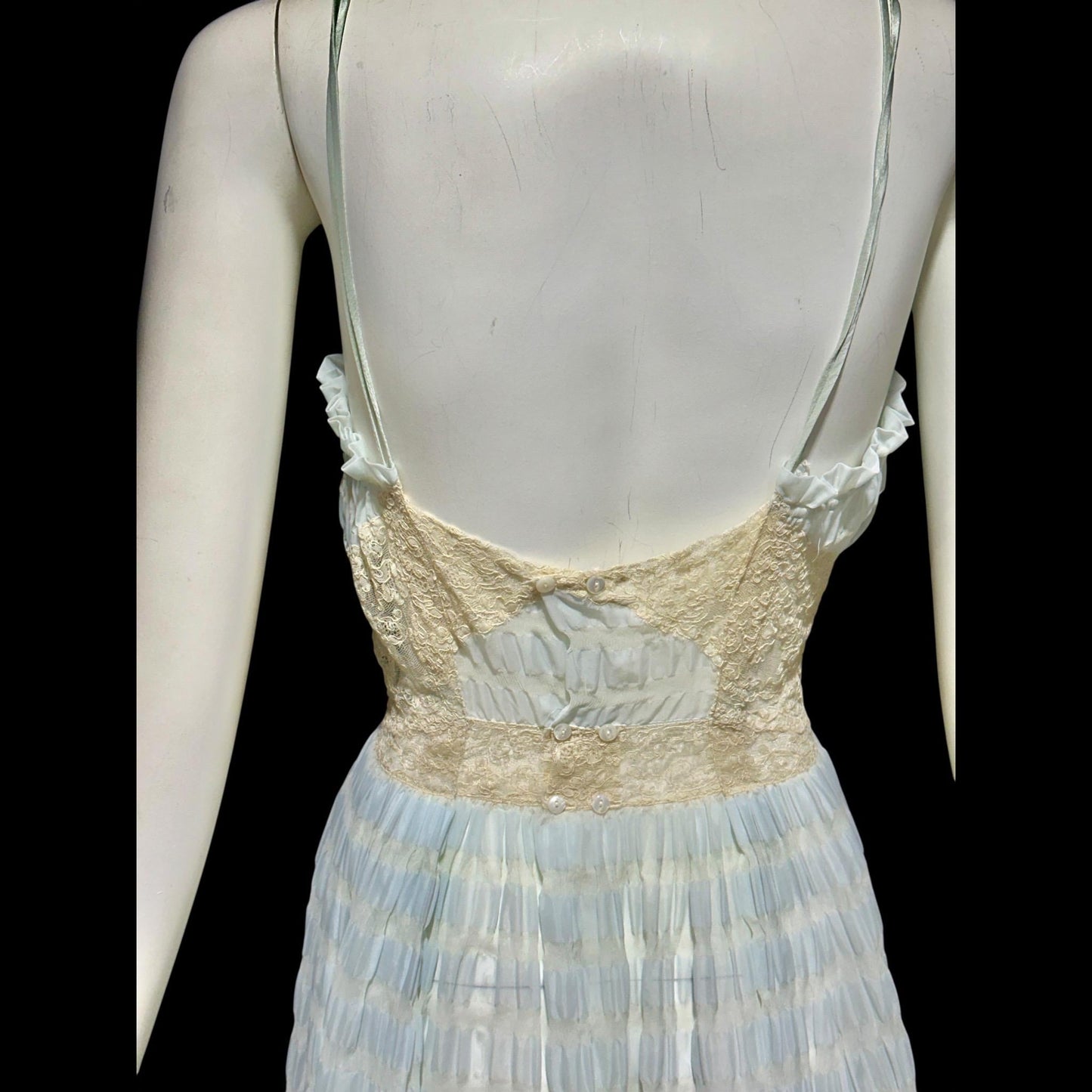 By IRIS, vintage 1930s Nightgown robe set, ethereal blue and white sheer waffled nylon slip dress and dressing gown, peignoir set