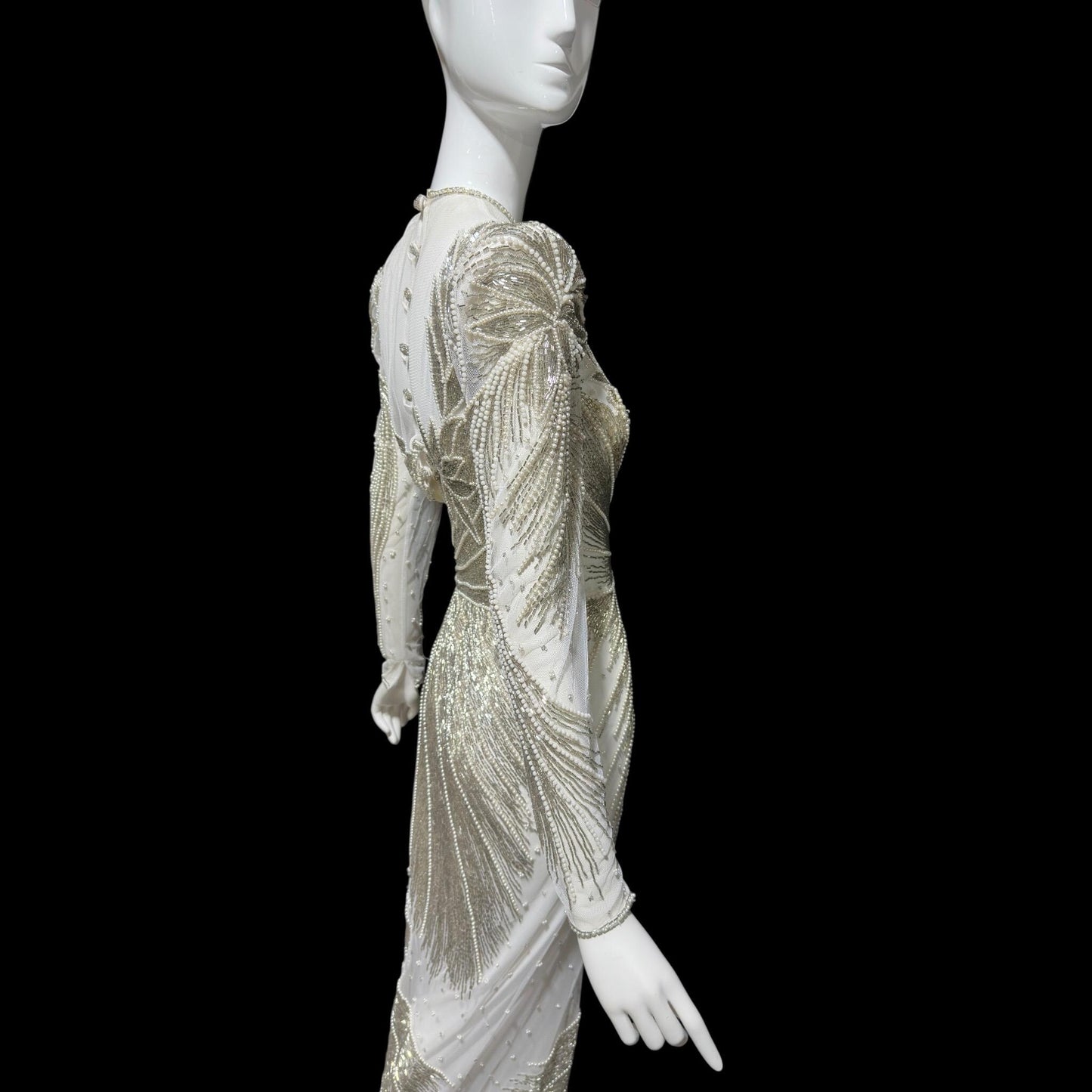 CARLOTA ALFARO, vintage 1970s evening gown dress, White mesh with silver and white beads sheath dress