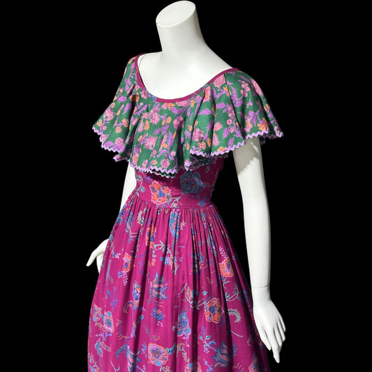 MOLLIE PARNIS Morty Sussman, Bergdorf Goodman, vintage 1970s 1979 evening dress, floral ruffle collar dress, Off shoulder