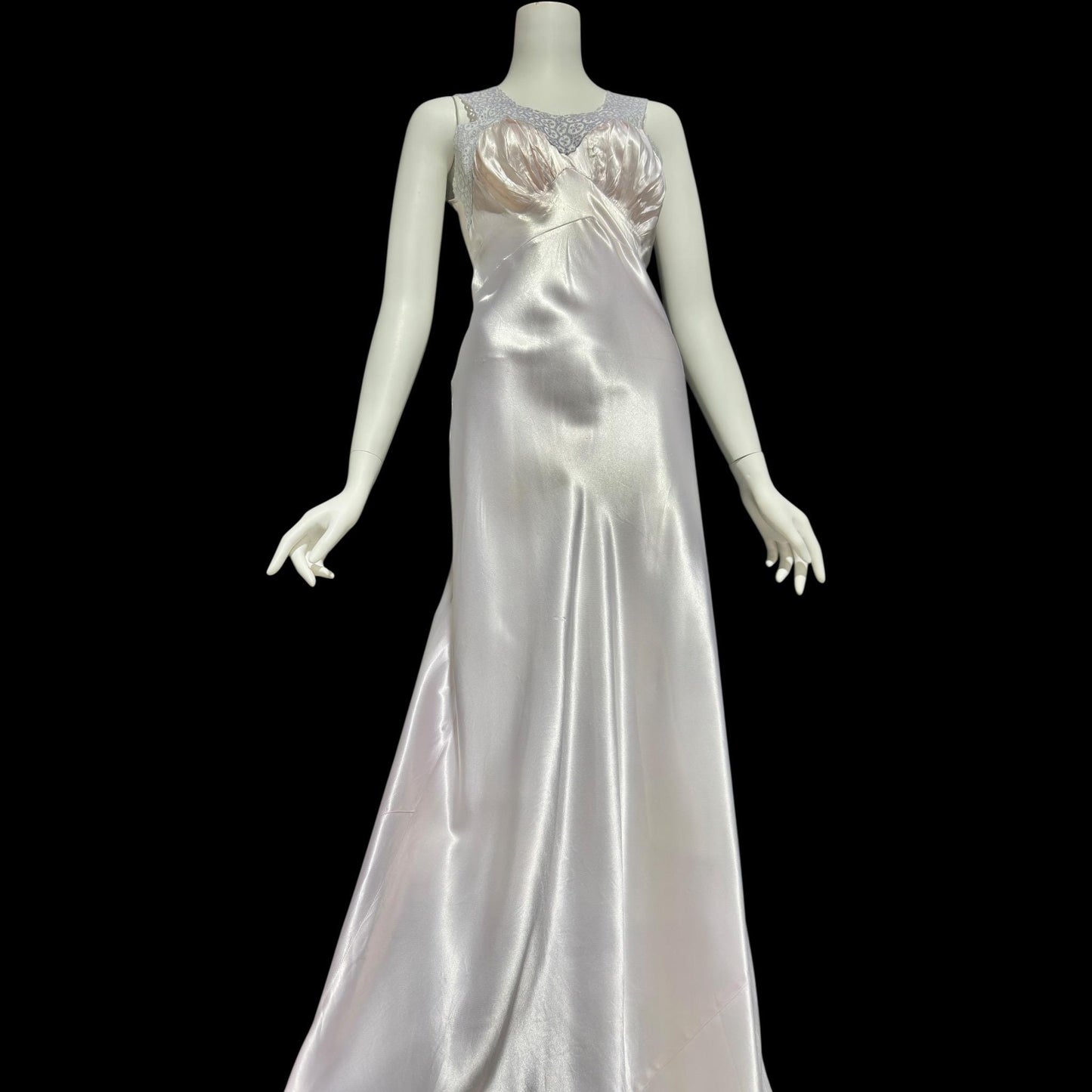 1940s vintage Nightgown slip dress, Shiny bias cut lavender night dress, full length with blue eyelet lace